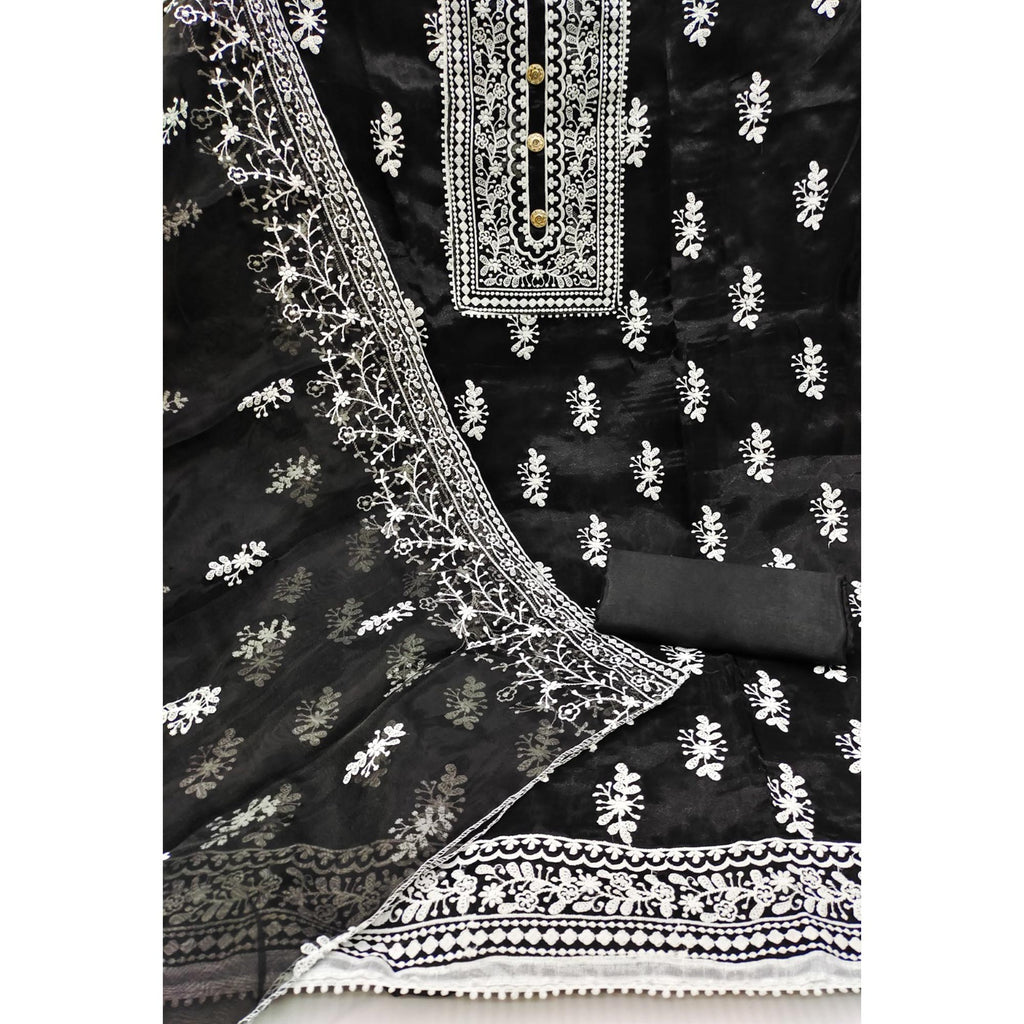 Black Floral Embroidered Organza Dress Material