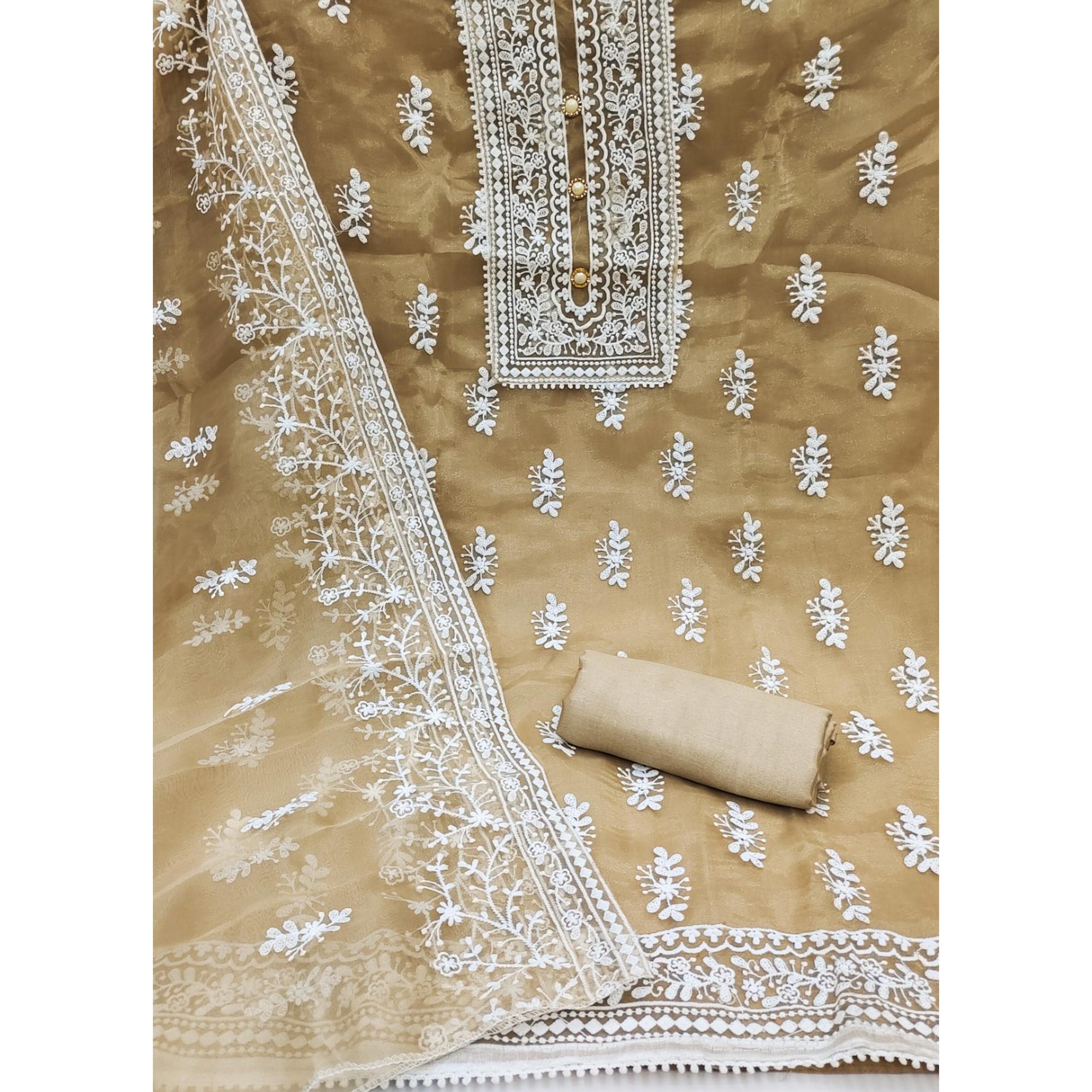 Chikoo Floral Embroidered Organza Dress Material