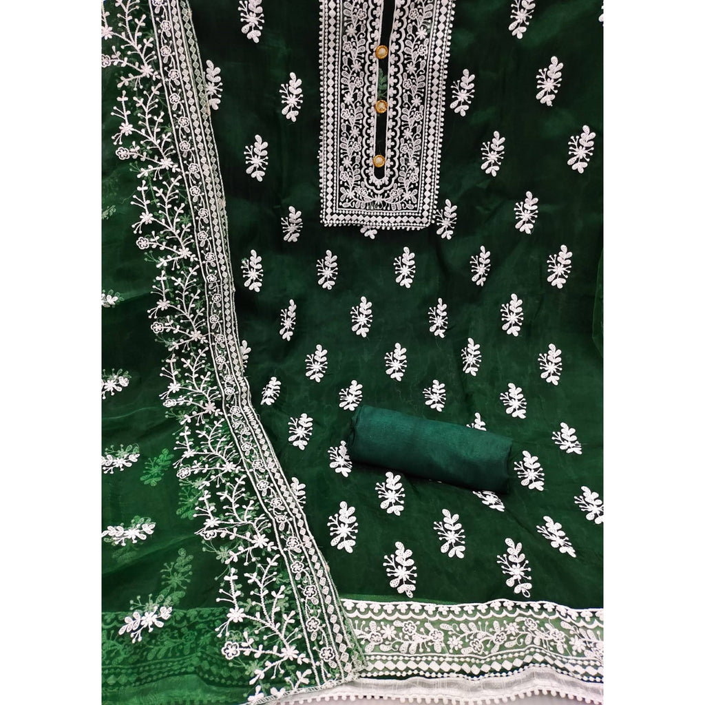 Green Floral Embroidered Organza Dress Material