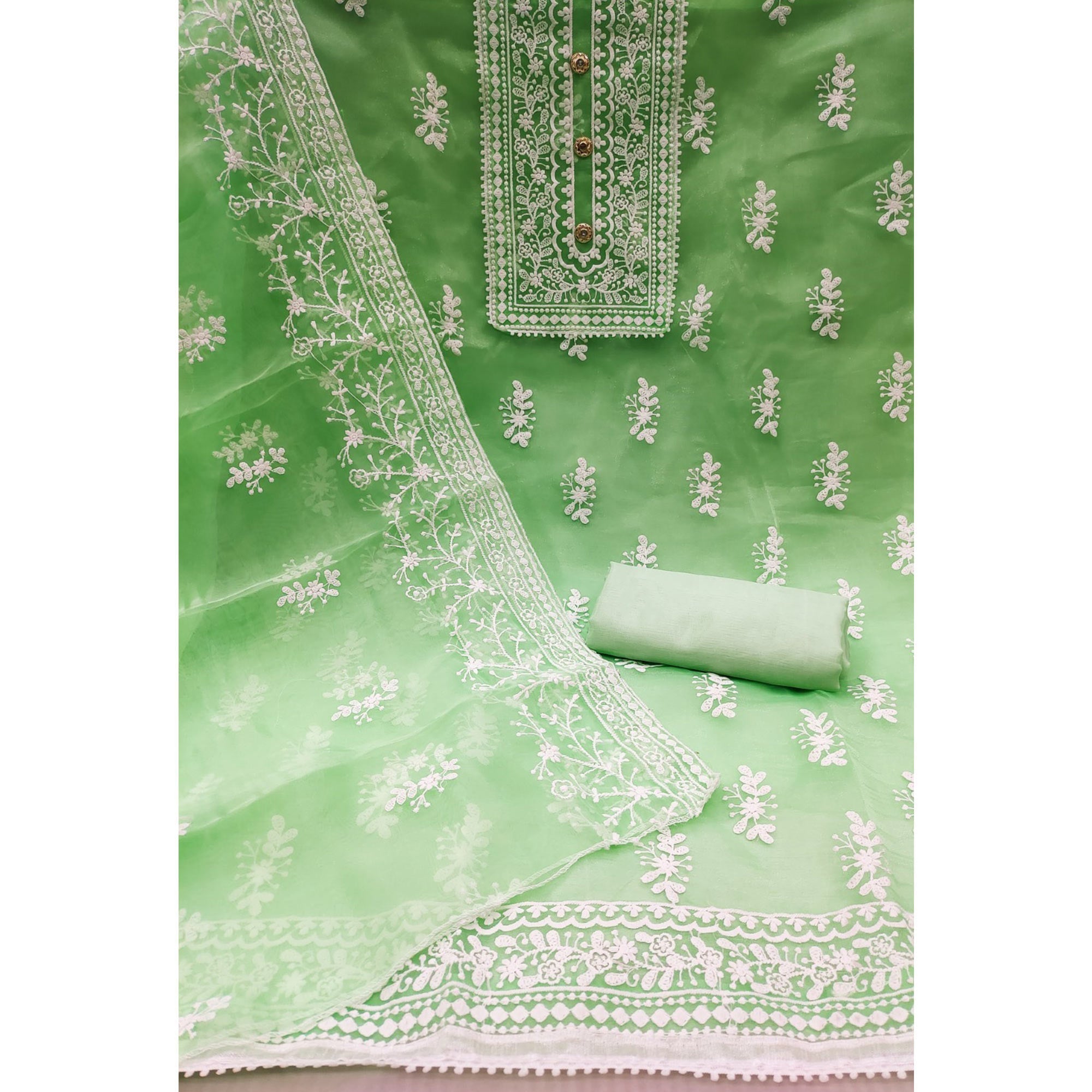 Light Green Floral Embroidered Organza Dress Material
