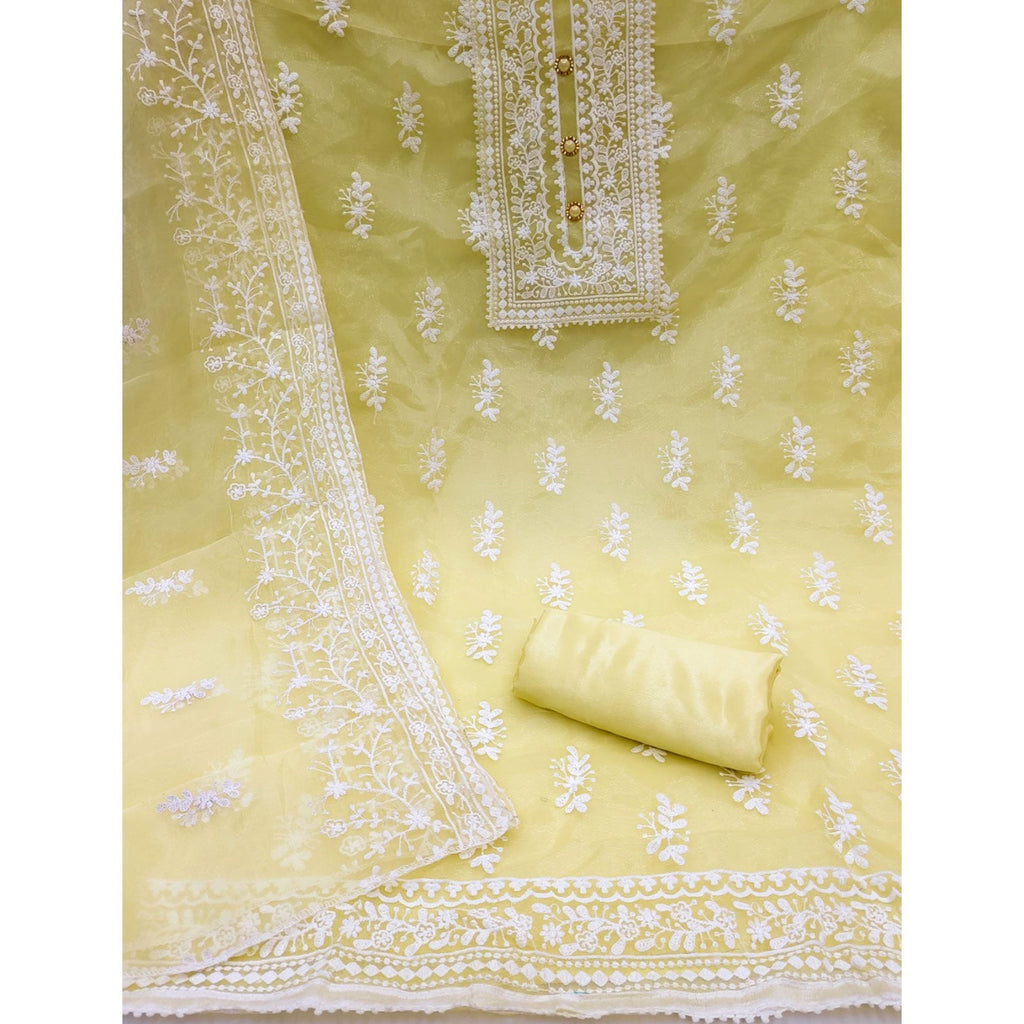 Light Yellow Floral Embroidered Organza Dress Material