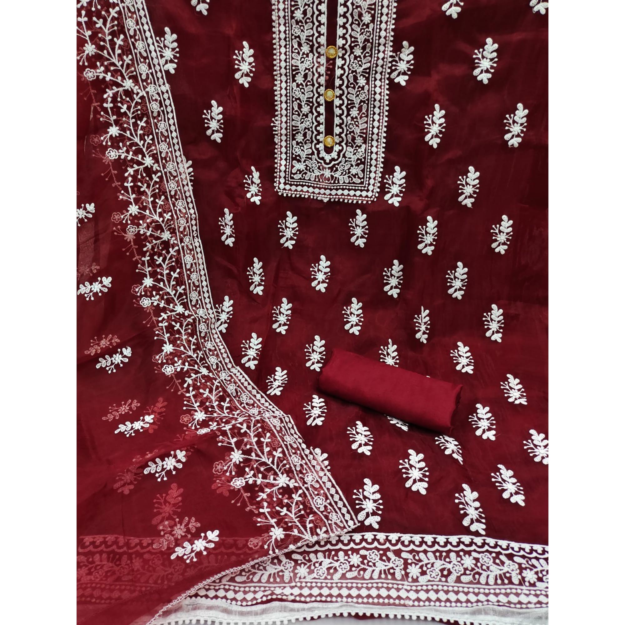 Maroon Floral Embroidered Organza Dress Material