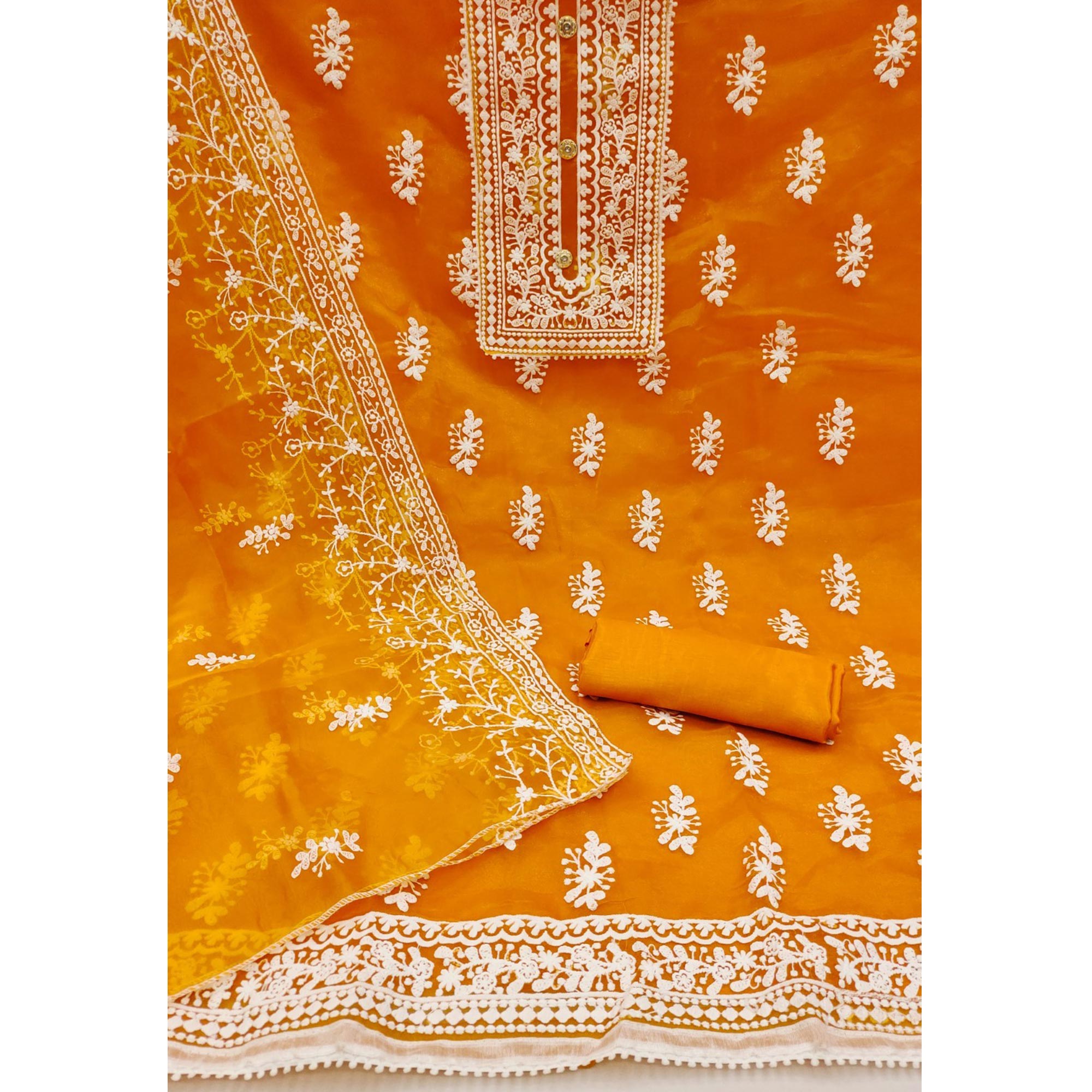 Mustard Floral Embroidered Organza Dress Material