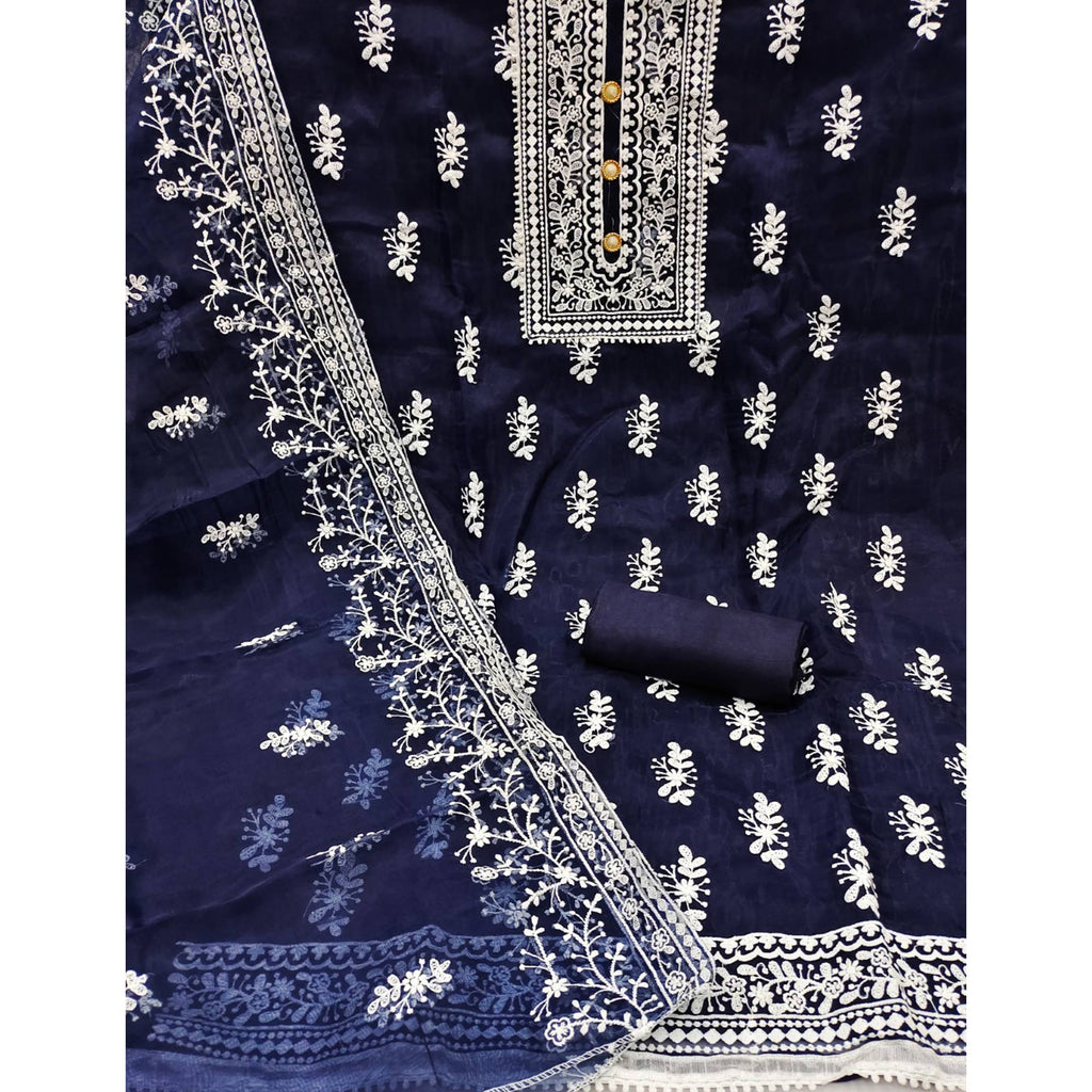 Navy Blue Floral Embroidered Organza Dress Material