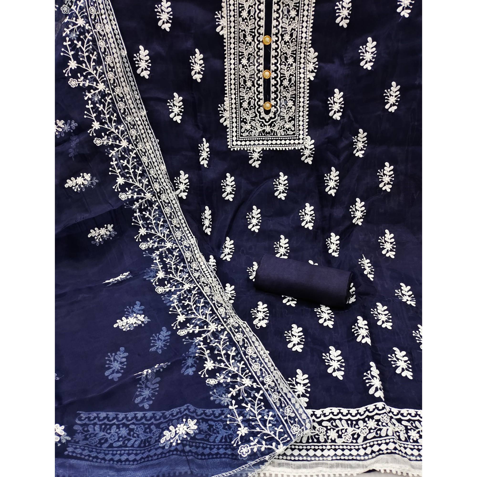 Navy Blue Floral Embroidered Organza Dress Material