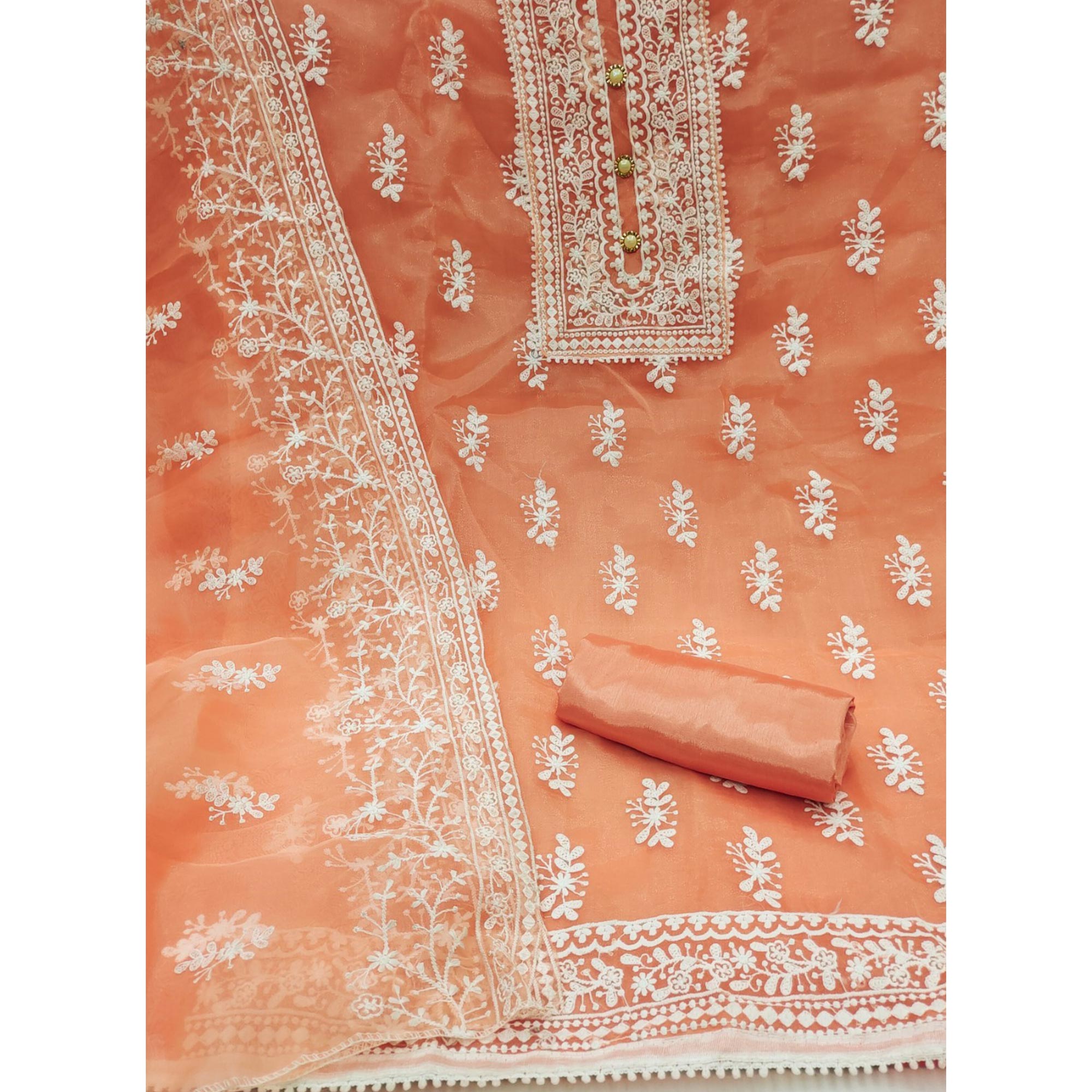 Orange Floral Embroidered Organza Dress Material