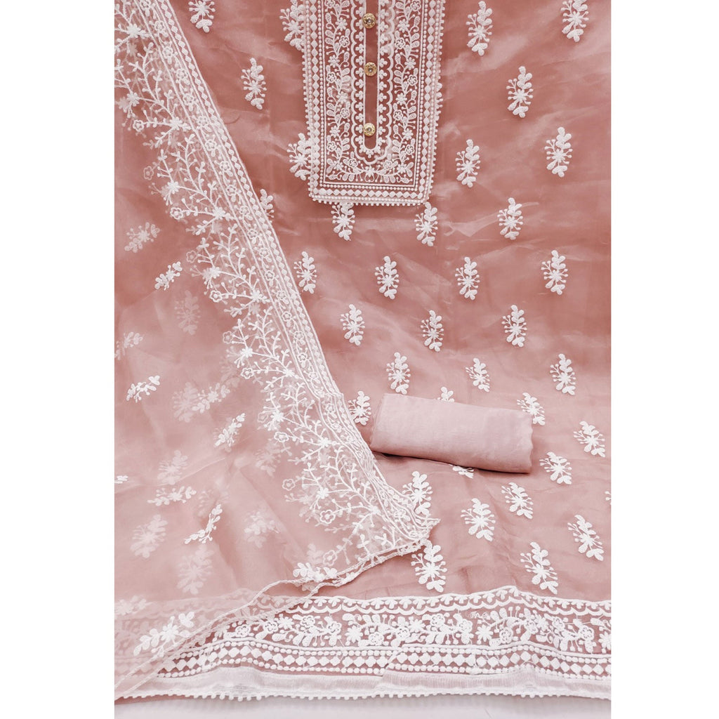 Peach Floral Embroidered Organza Dress Material