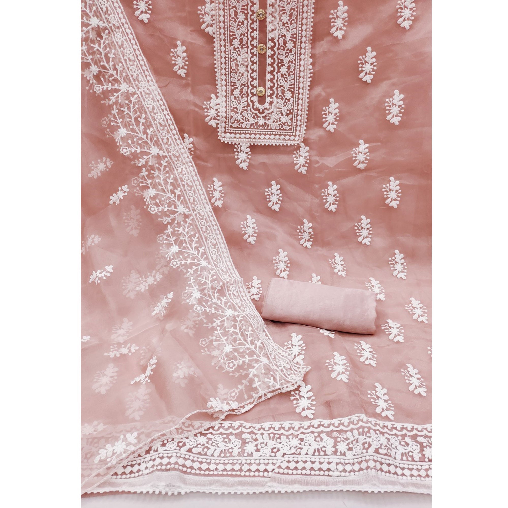 Peach Floral Embroidered Organza Dress Material