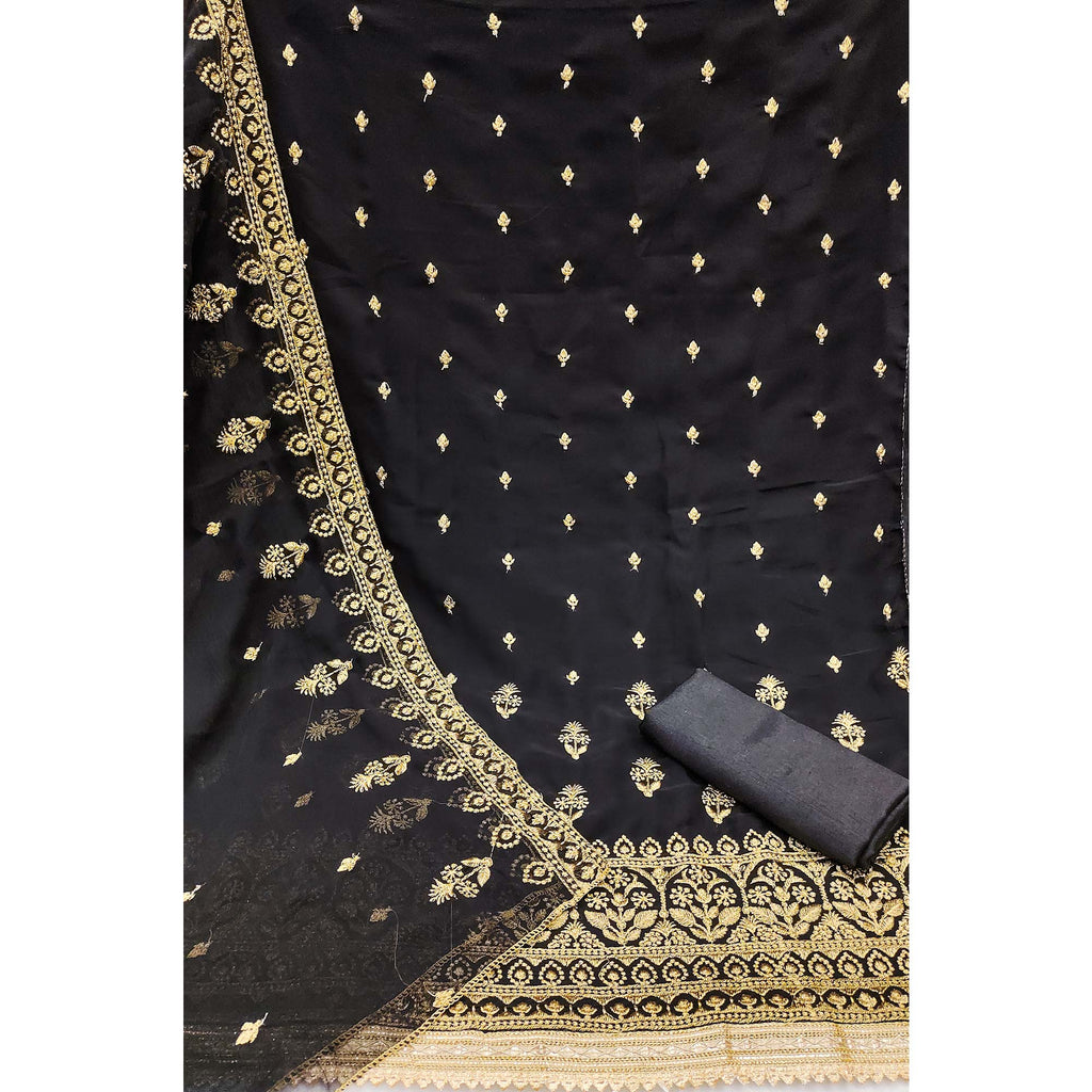 Black Floral Embroidered Georgette Dress Material