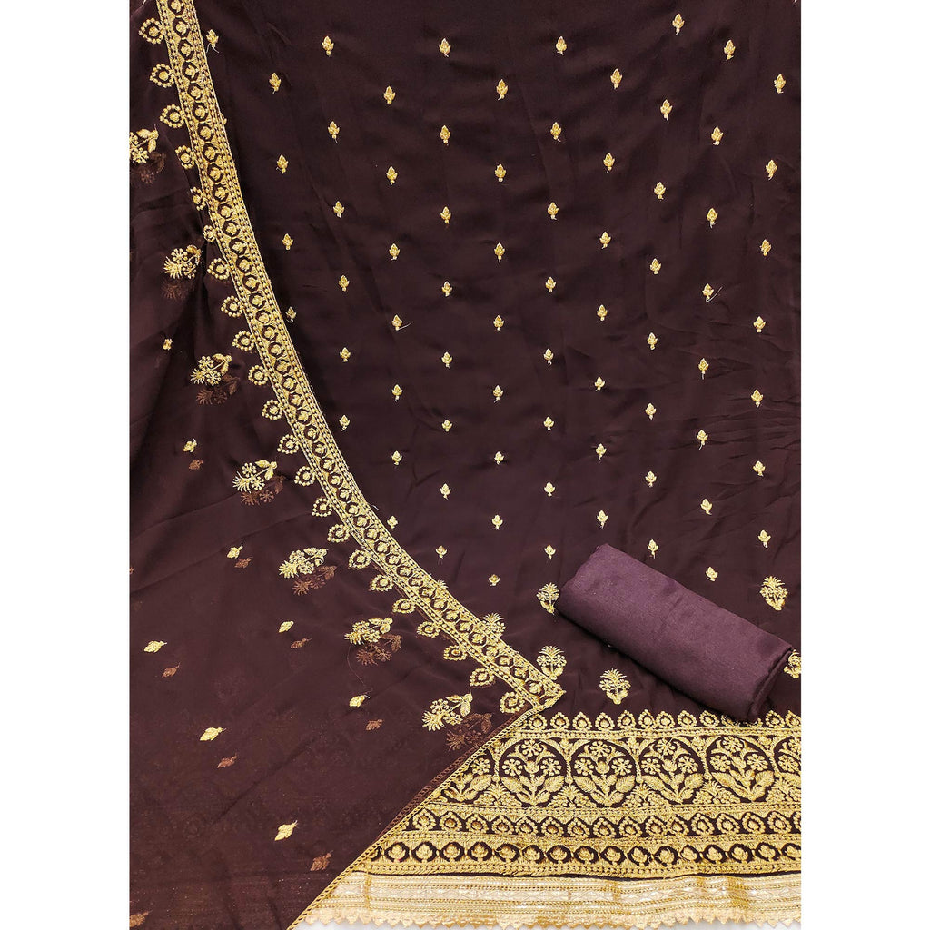 Brown Floral Embroidered Georgette Dress Material
