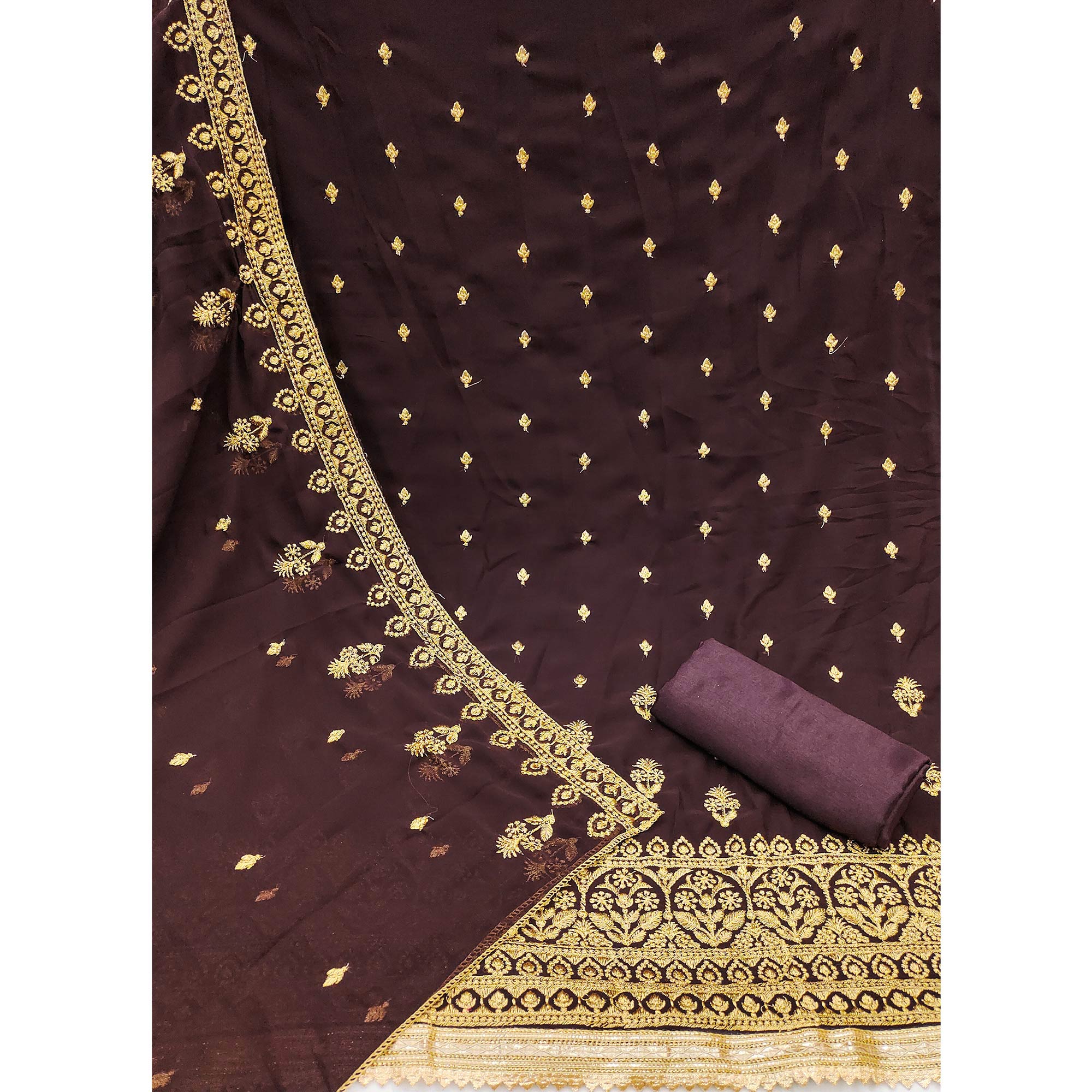 Brown Floral Embroidered Georgette Dress Material