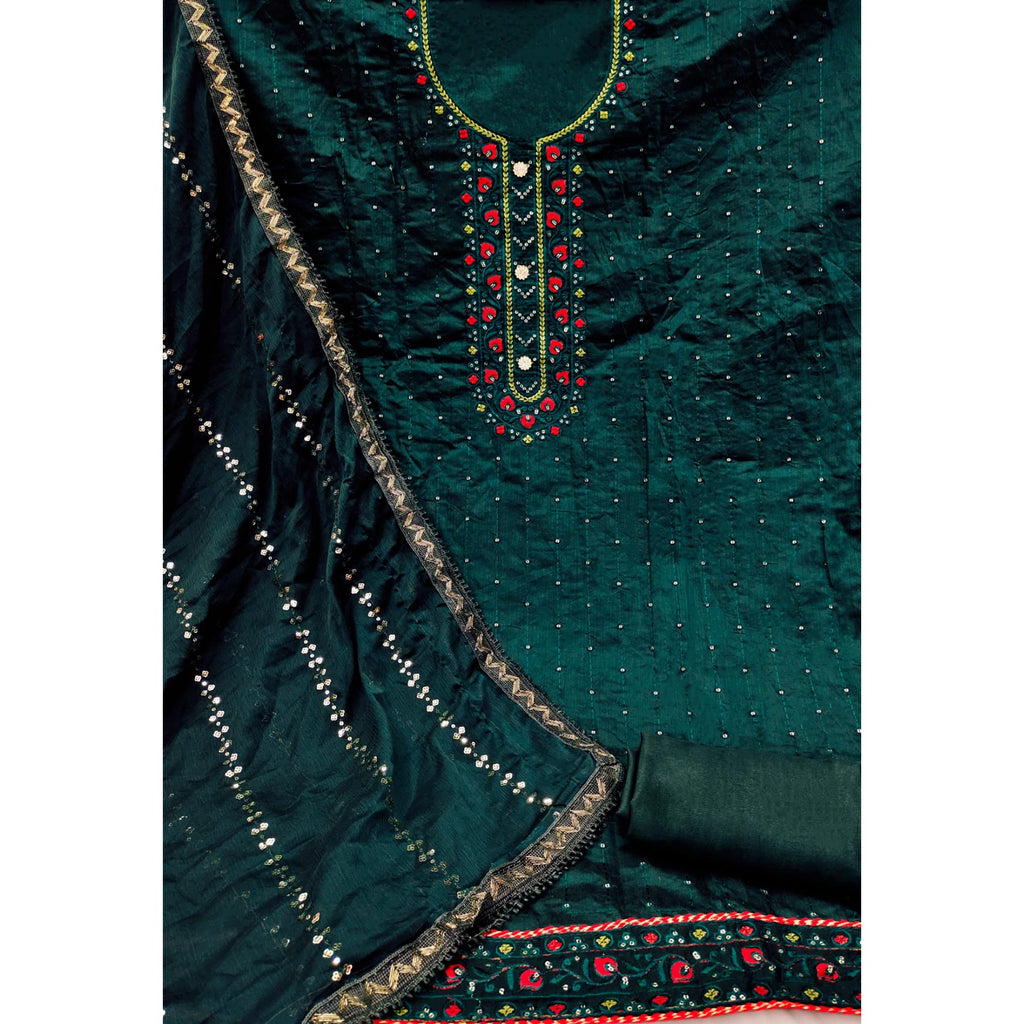 Green Sequins Embroidered Chanderi Dress Material