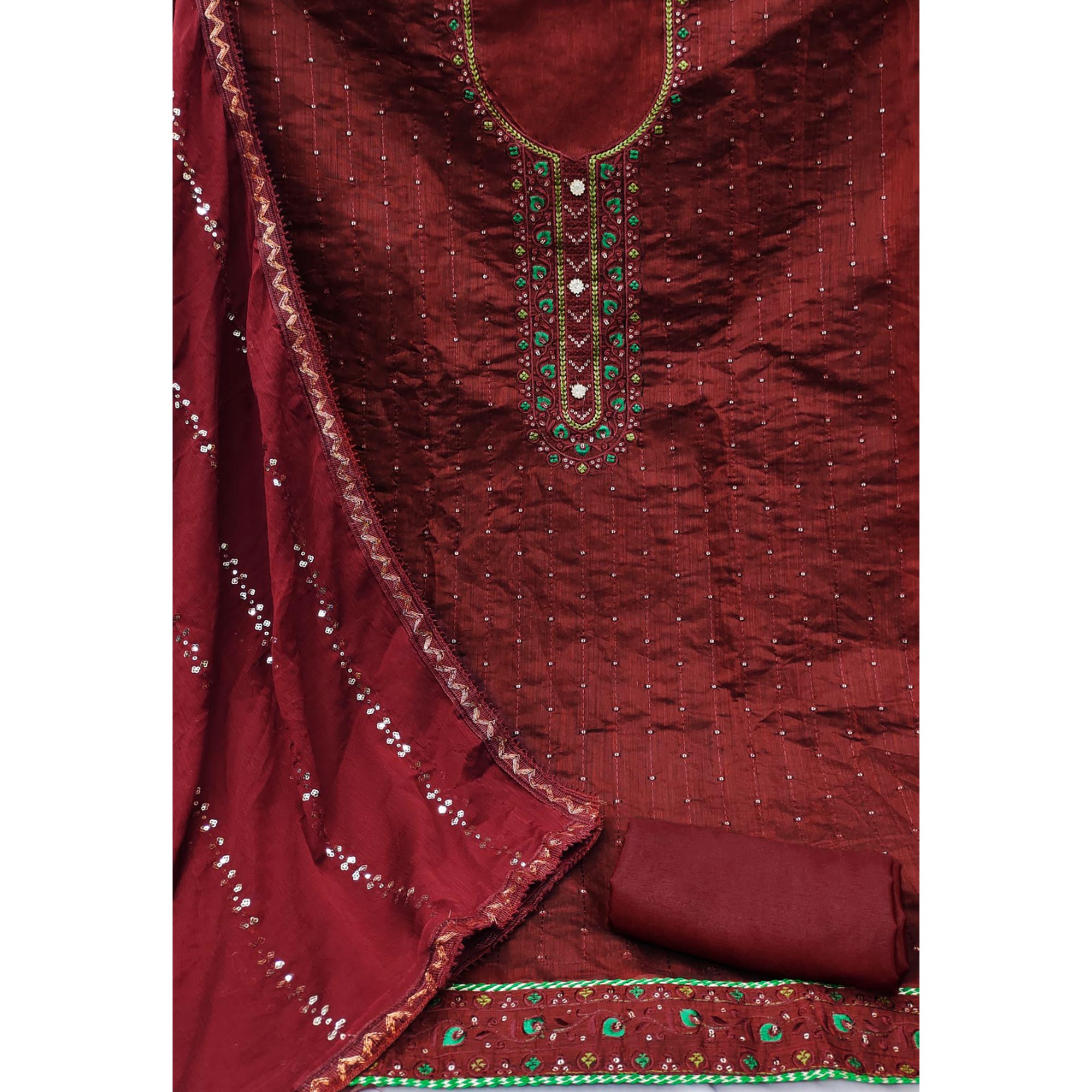 Maroon Sequins Embroidered Chanderi Dress Material