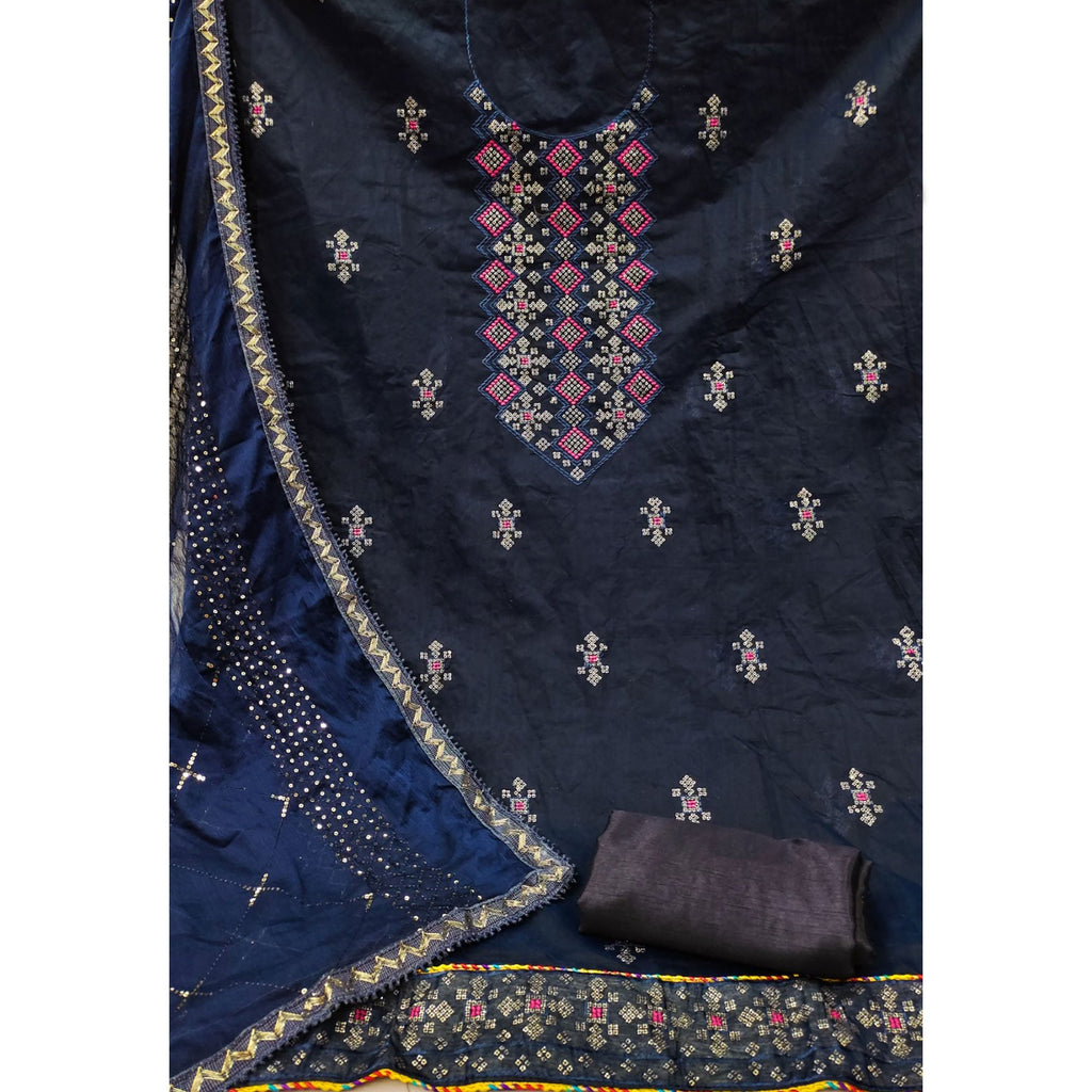 Chanderi Cotton Dress Material In Navy Blue With Intricate Thread & Sequin Embroidery