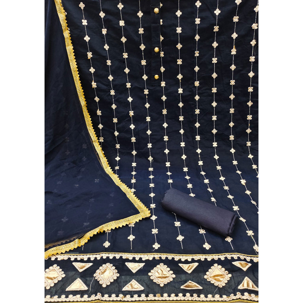 Navy Blue Dress Material With Floral Embroidery & Traditional Gota Patti Work