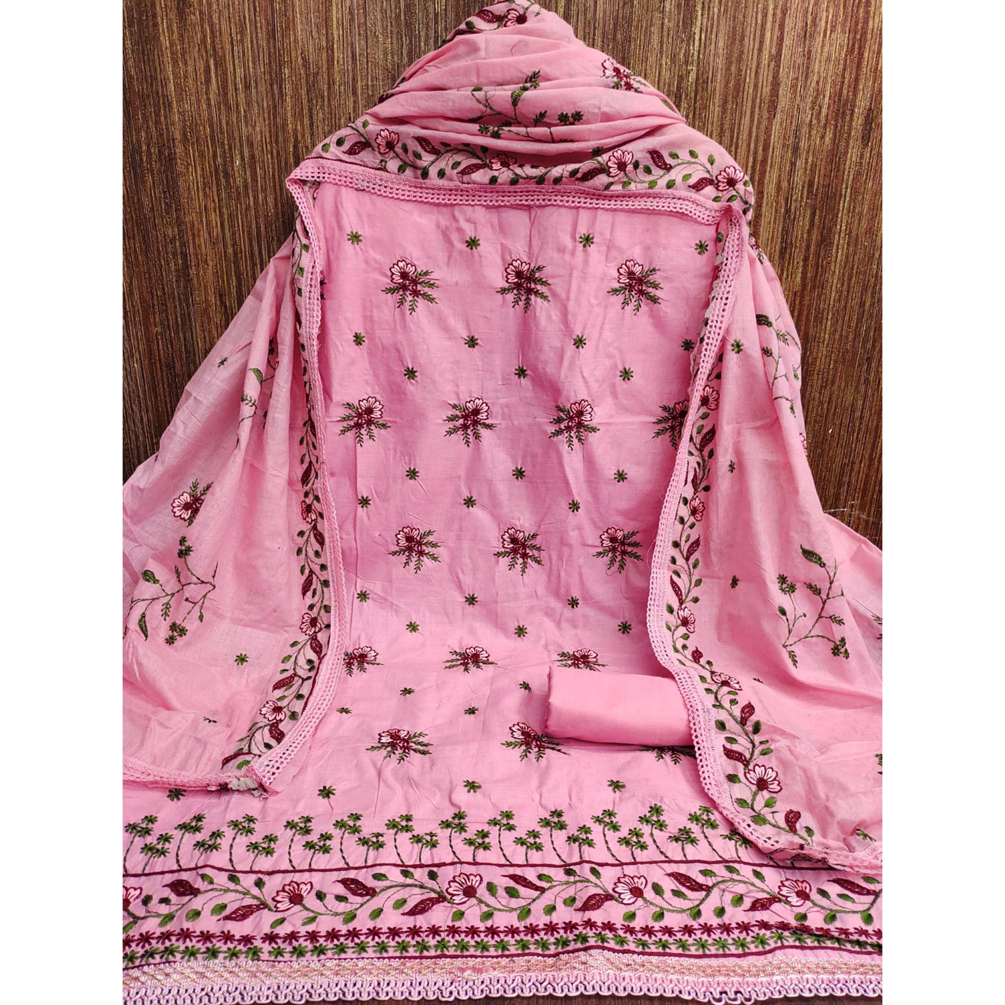 Pink Cotton Blend Dress Material With Delicate Floral Thread Embroidery