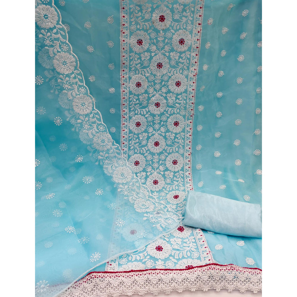 Blue Organza Dress Material With Intricate Floral Thread Embroidery
