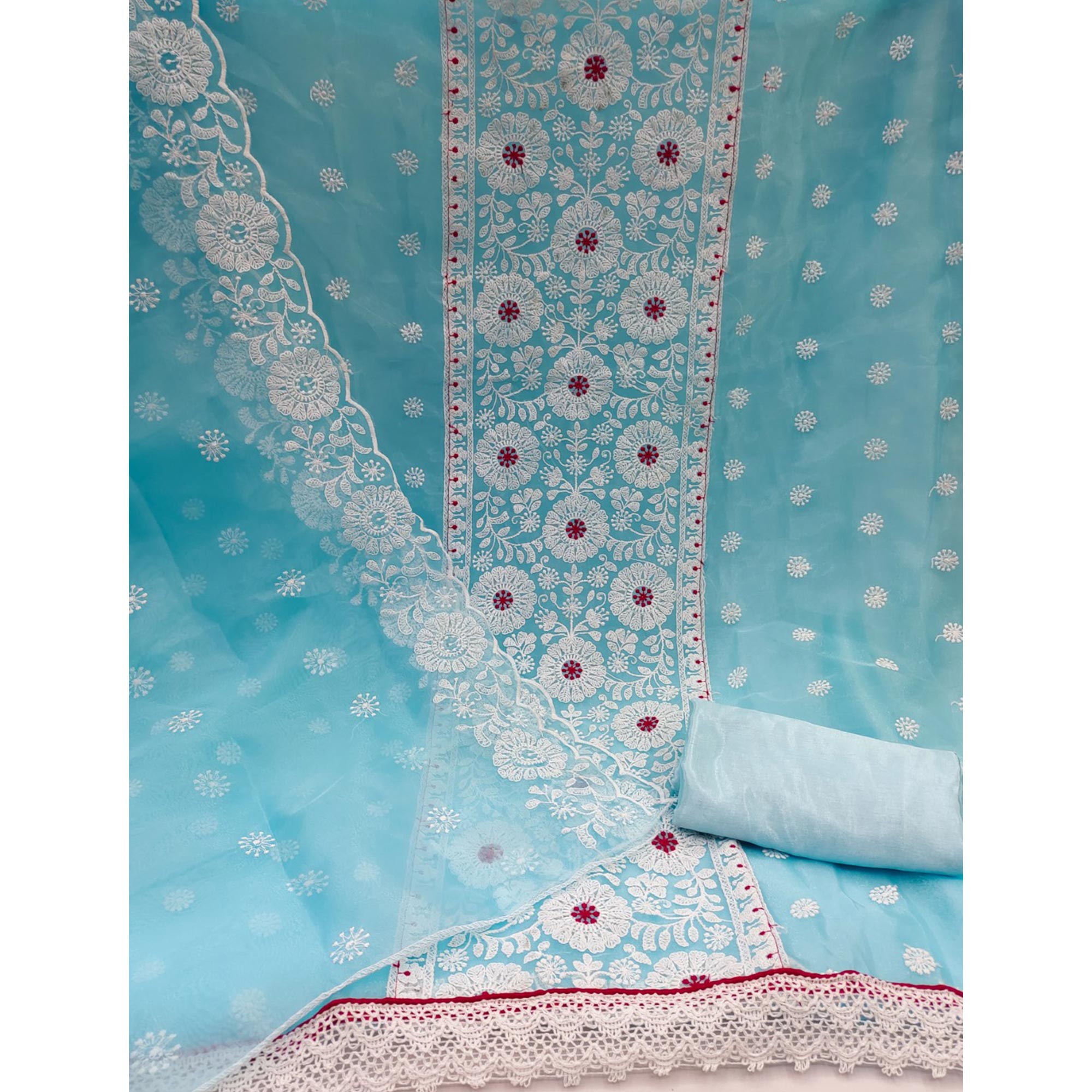 Blue Organza Dress Material With Intricate Floral Thread Embroidery