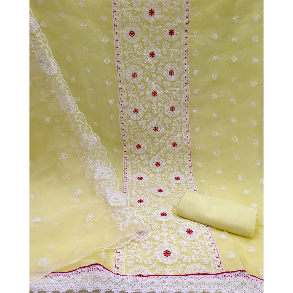 Light Yellow Organza Dress Material With Intricate Floral Thread Embroidery
