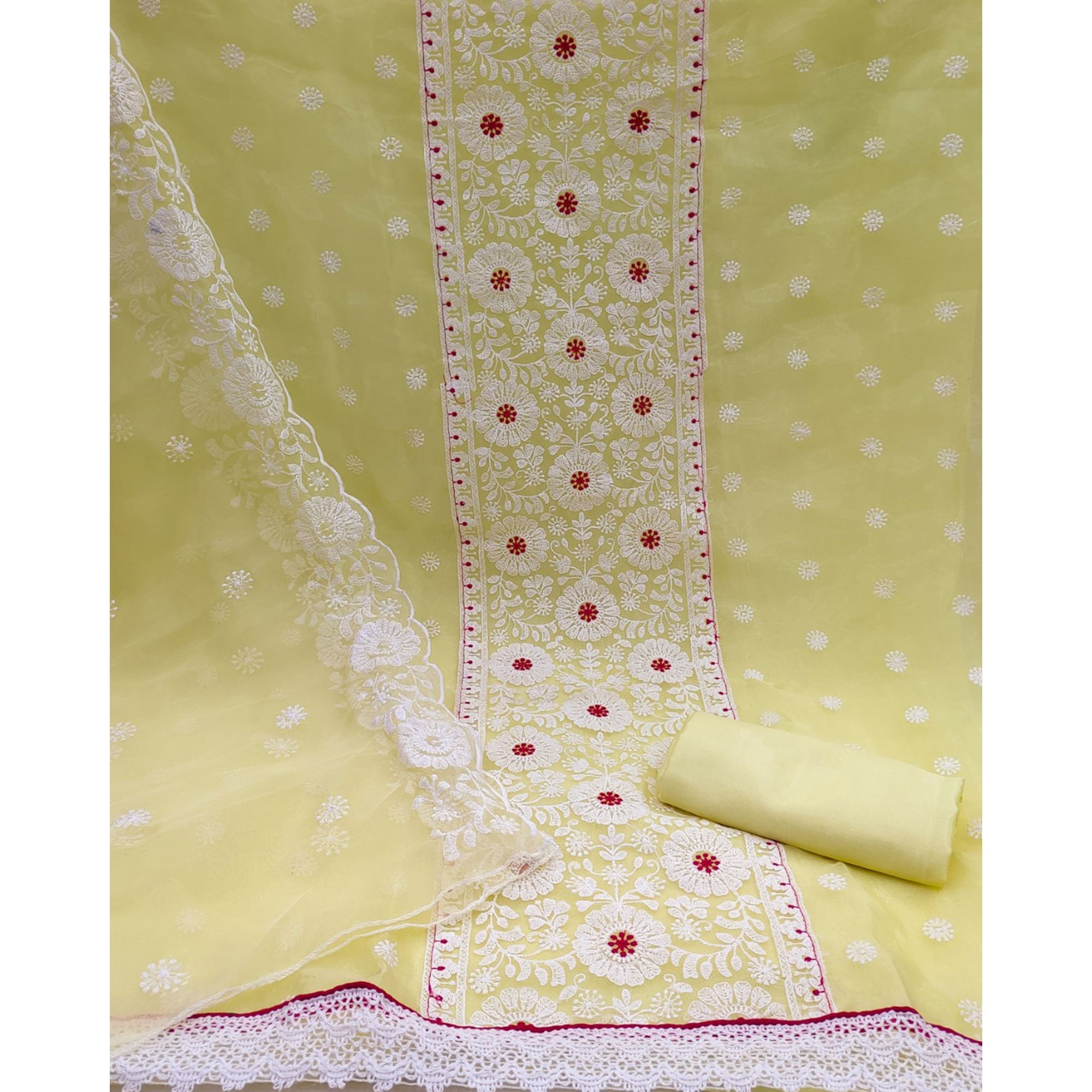 Light Yellow Organza Dress Material With Intricate Floral Thread Embroidery