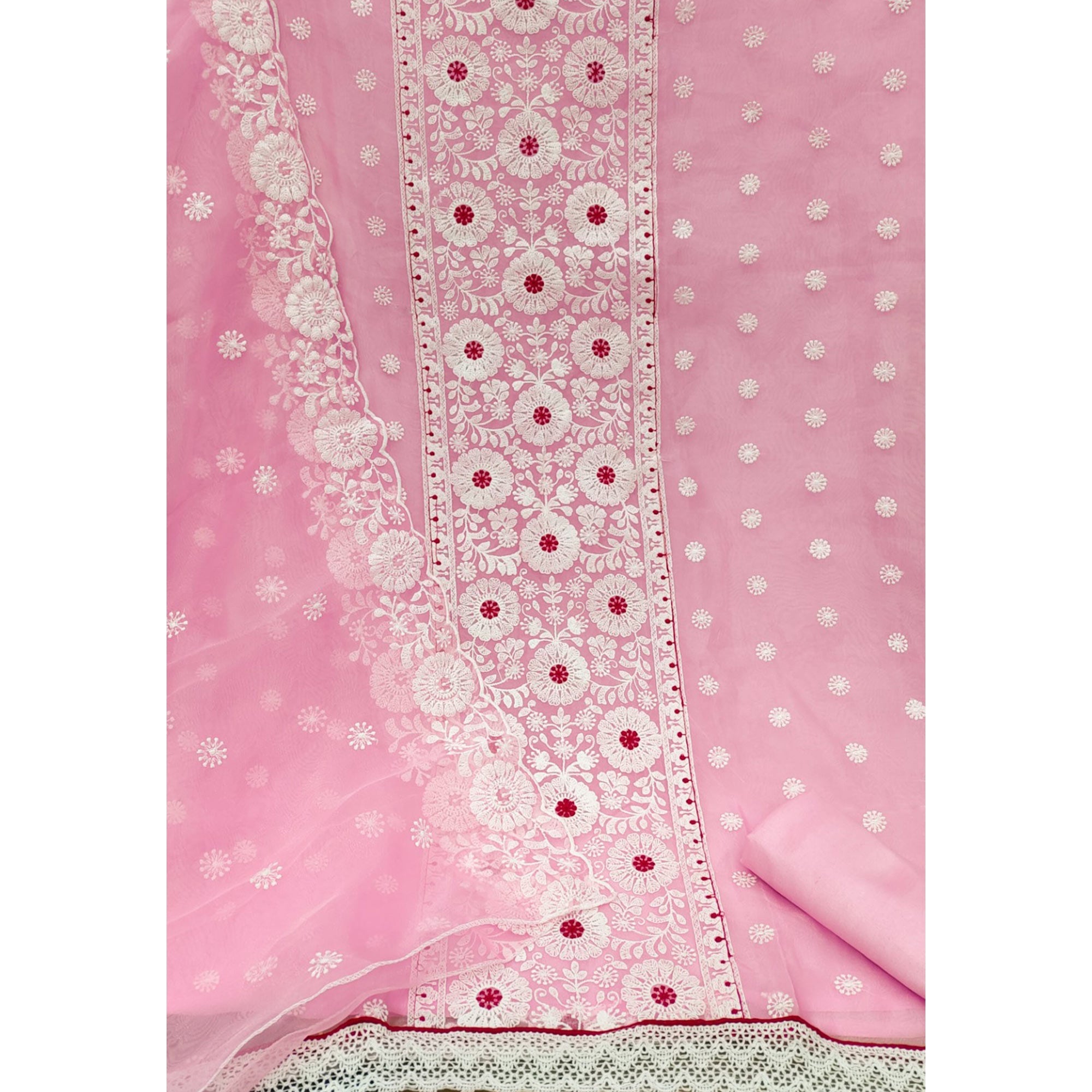 Pink Organza Dress Material With Intricate Floral Thread Embroidery