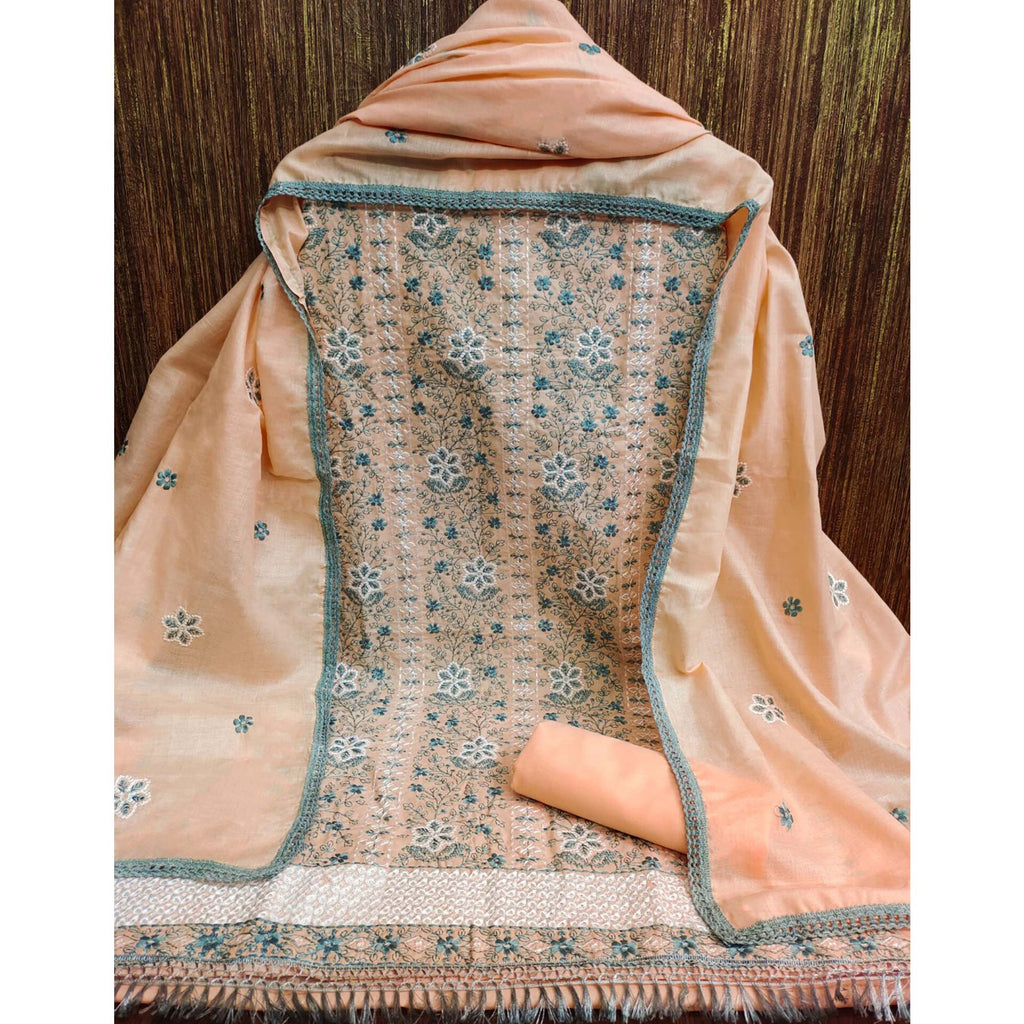 Peach Floral Embroidered Pure Cotton Dress Material