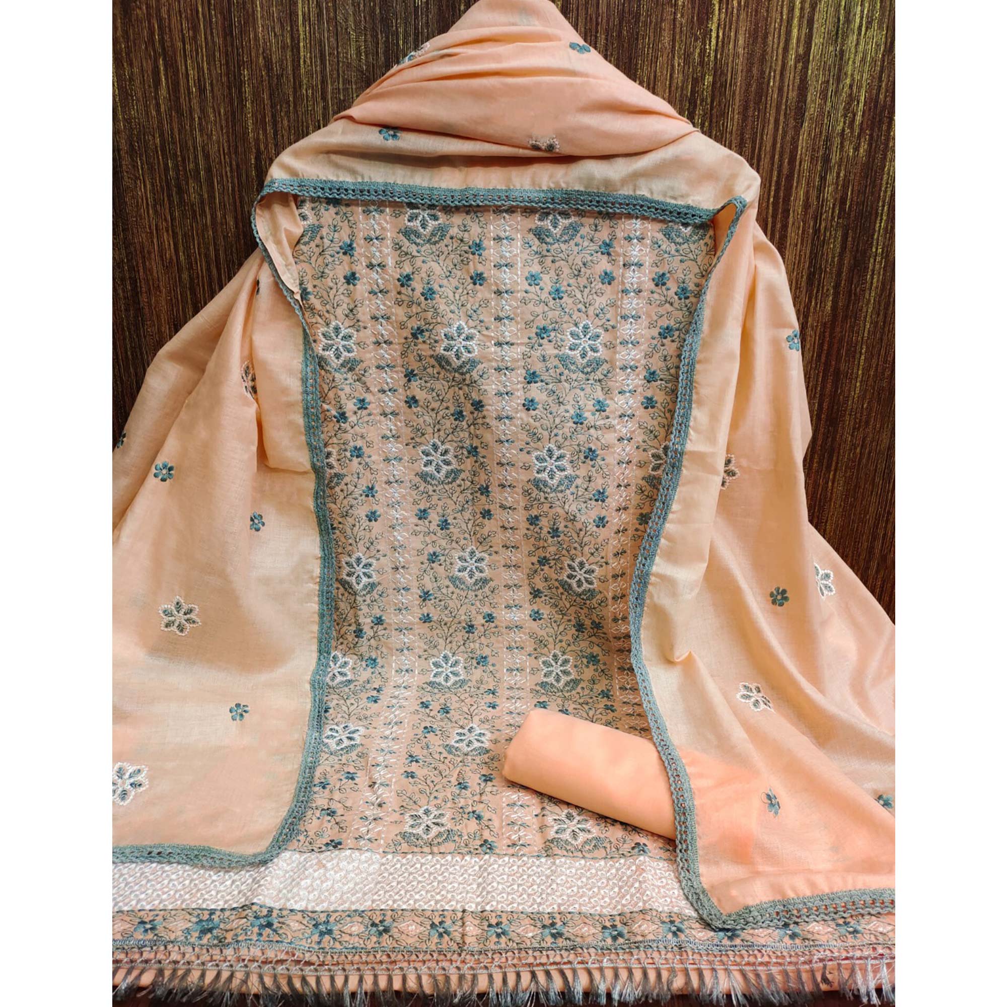 Peach Floral Embroidered Pure Cotton Dress Material