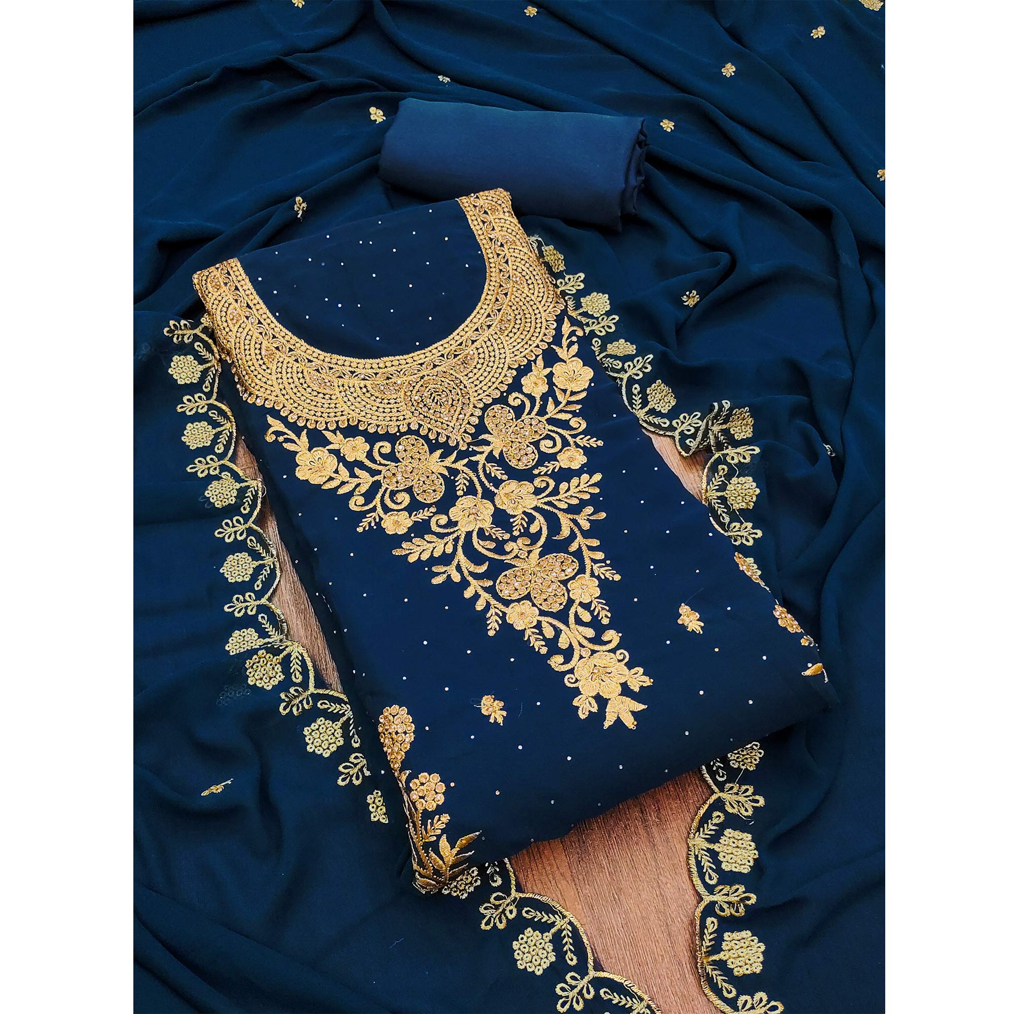 Blue Floral Embroidered Georgette Dress Material