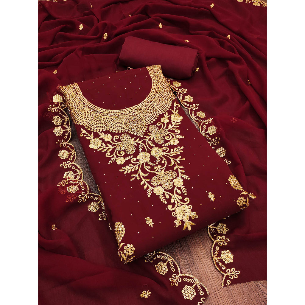 Maroon Floral Embroidered Georgette Dress Material