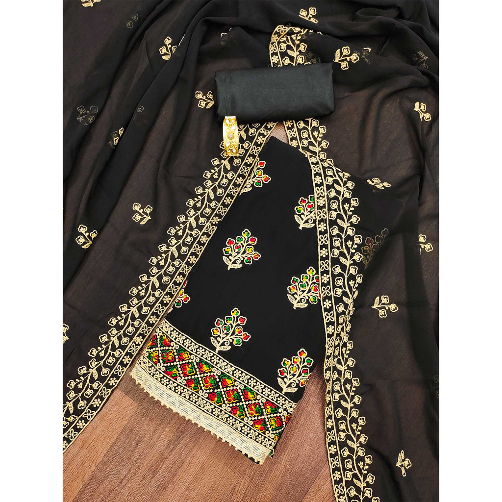Black Floral Embroidered Georgette Dress Material