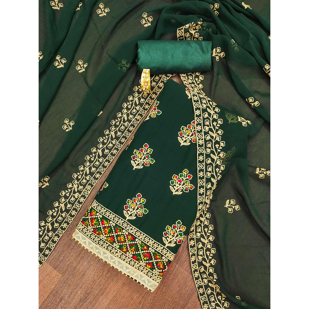 Green Floral Embroidered Georgette Dress Material