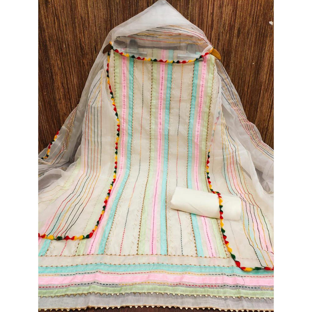 Cream Sequins Embroidered Chanderi Dress Material