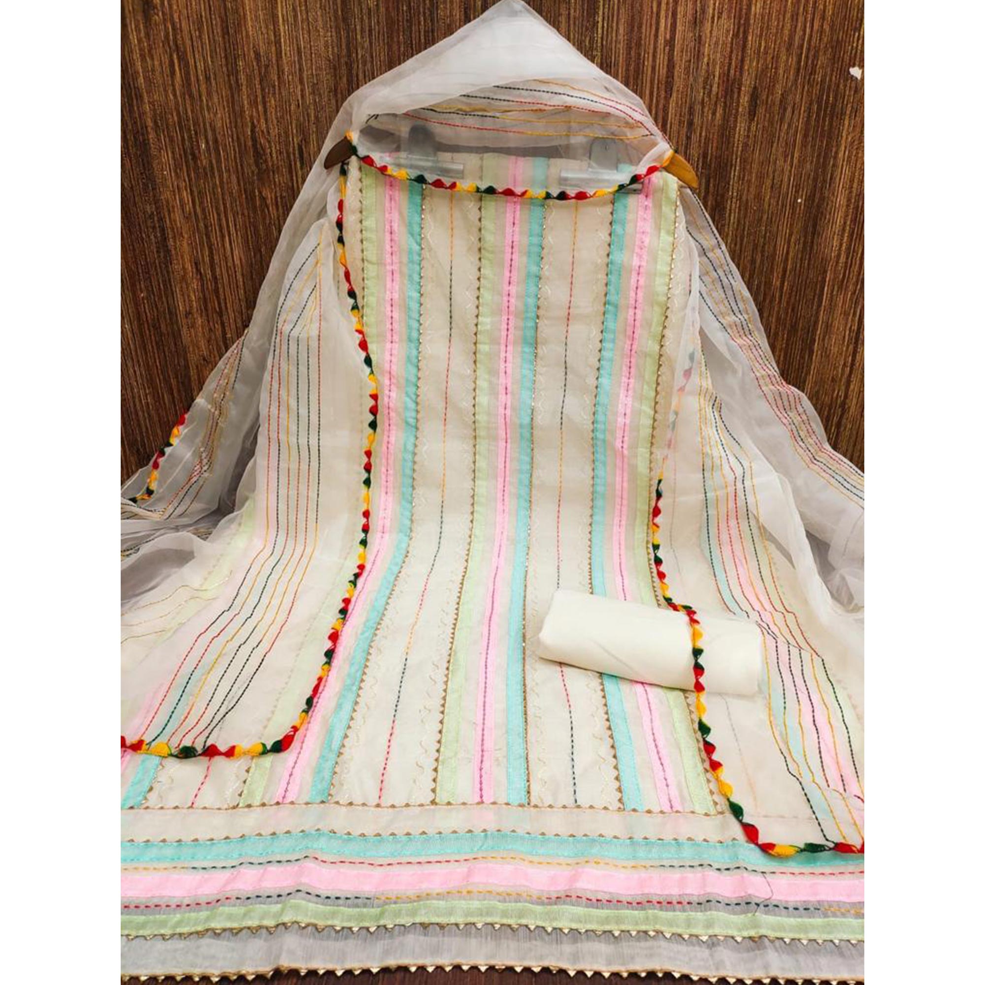 Cream Sequins Embroidered Chanderi Dress Material