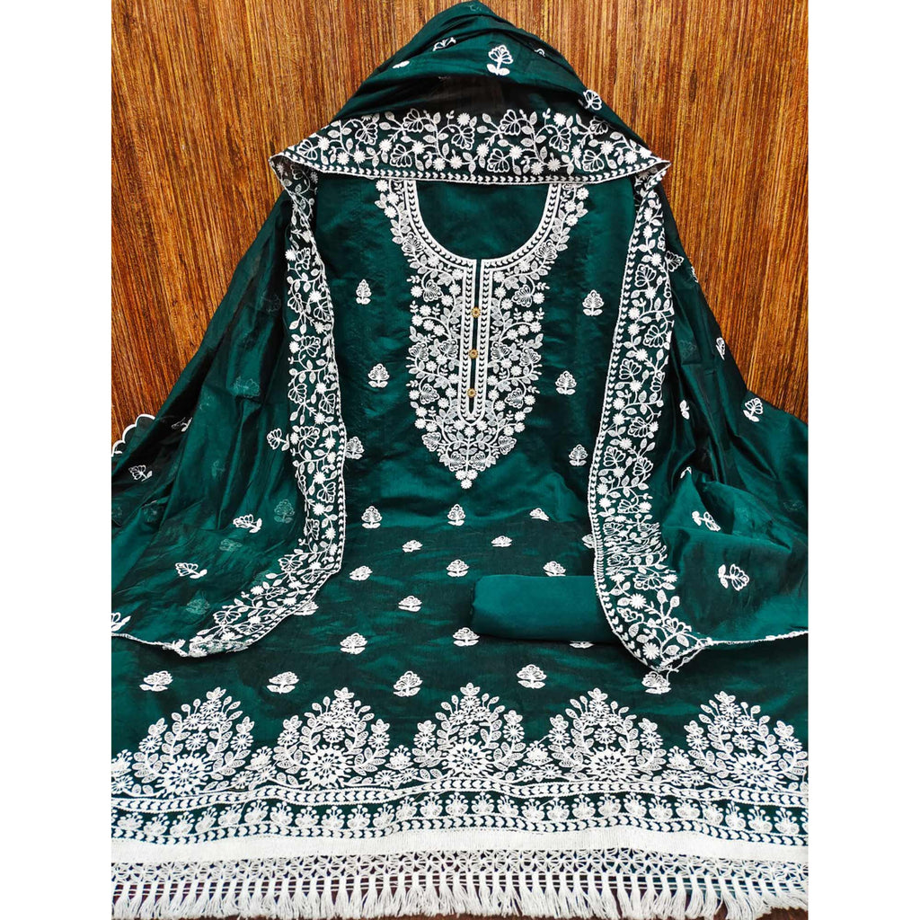 Dark Green Floral Embroidered Chanderi Cotton Dress Material