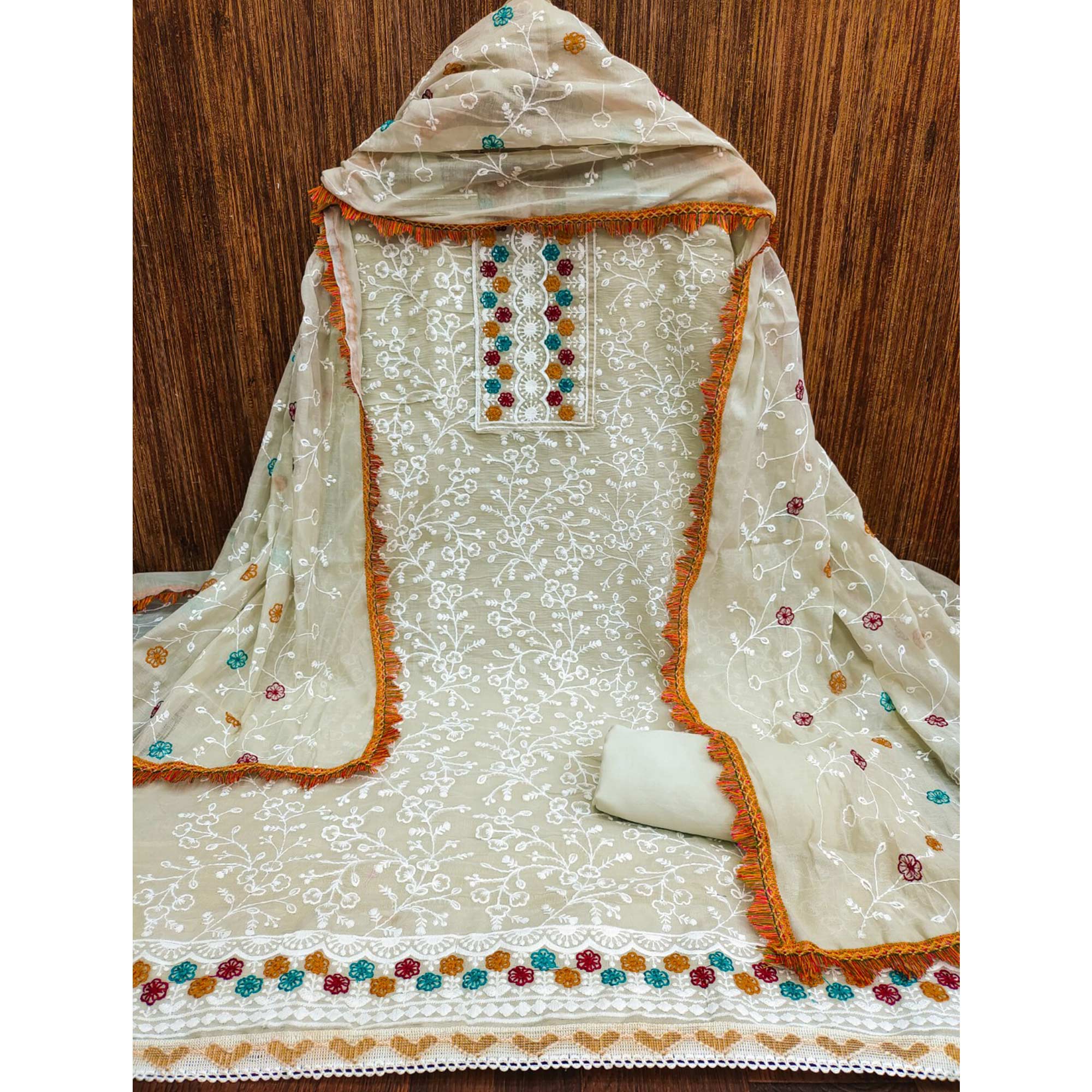 Cream Chanderi Cotton Dress Material With Floral Thread Embroidery