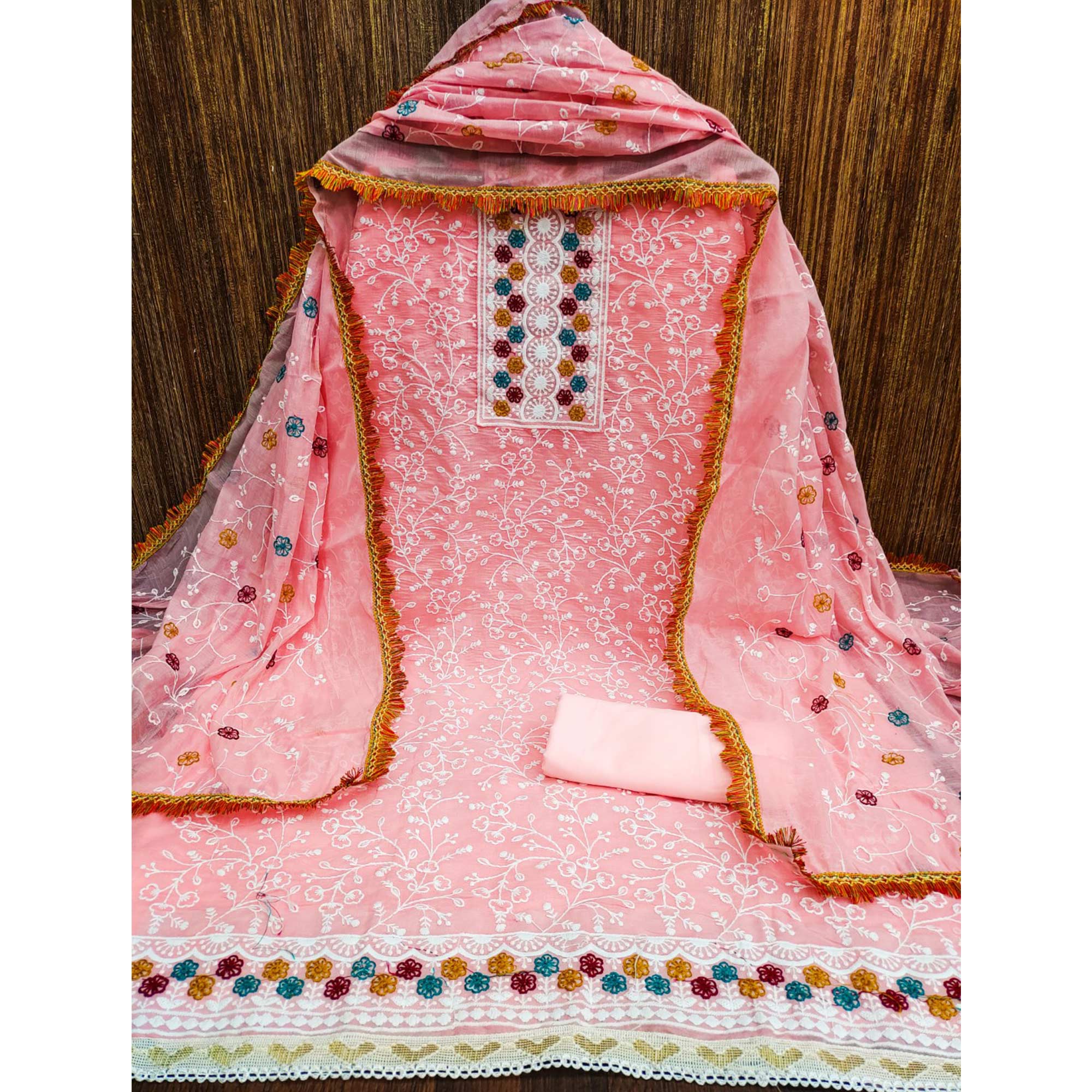 Pink Chanderi Cotton Dress Material With Floral Thread Embroidery