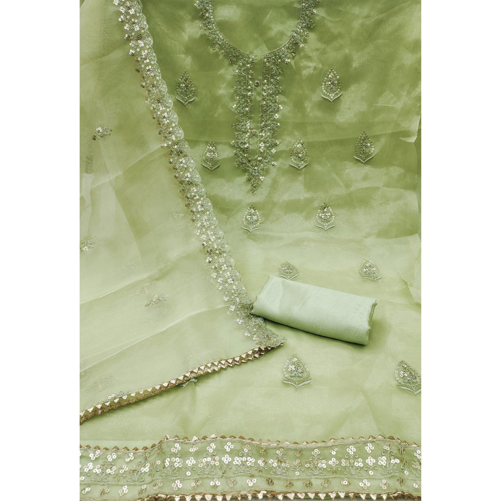 Green Organza Silk Dress Material With Exquisite Floral Embroidery & Sequin Work