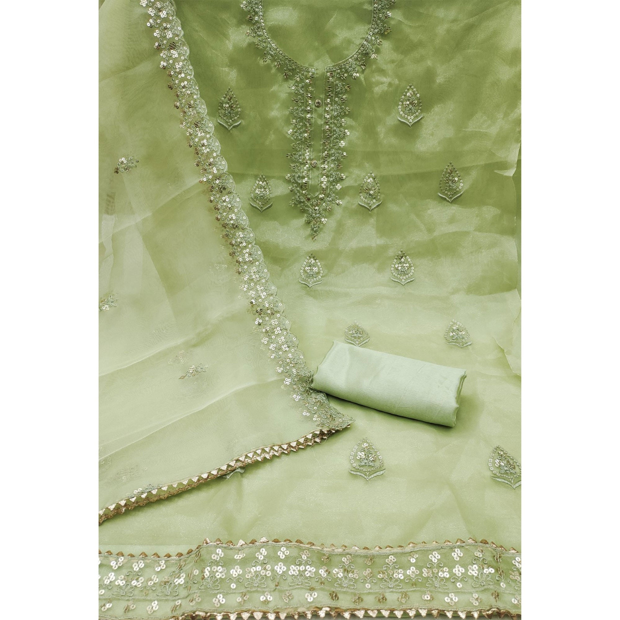 Green Organza Silk Dress Material With Exquisite Floral Embroidery & Sequin Work