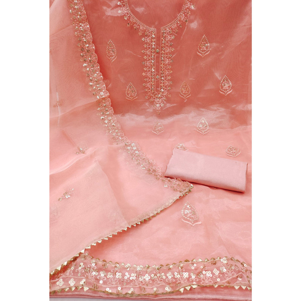 Peach Organza Silk Dress Material With Exquisite Floral Embroidery & Sequin Work