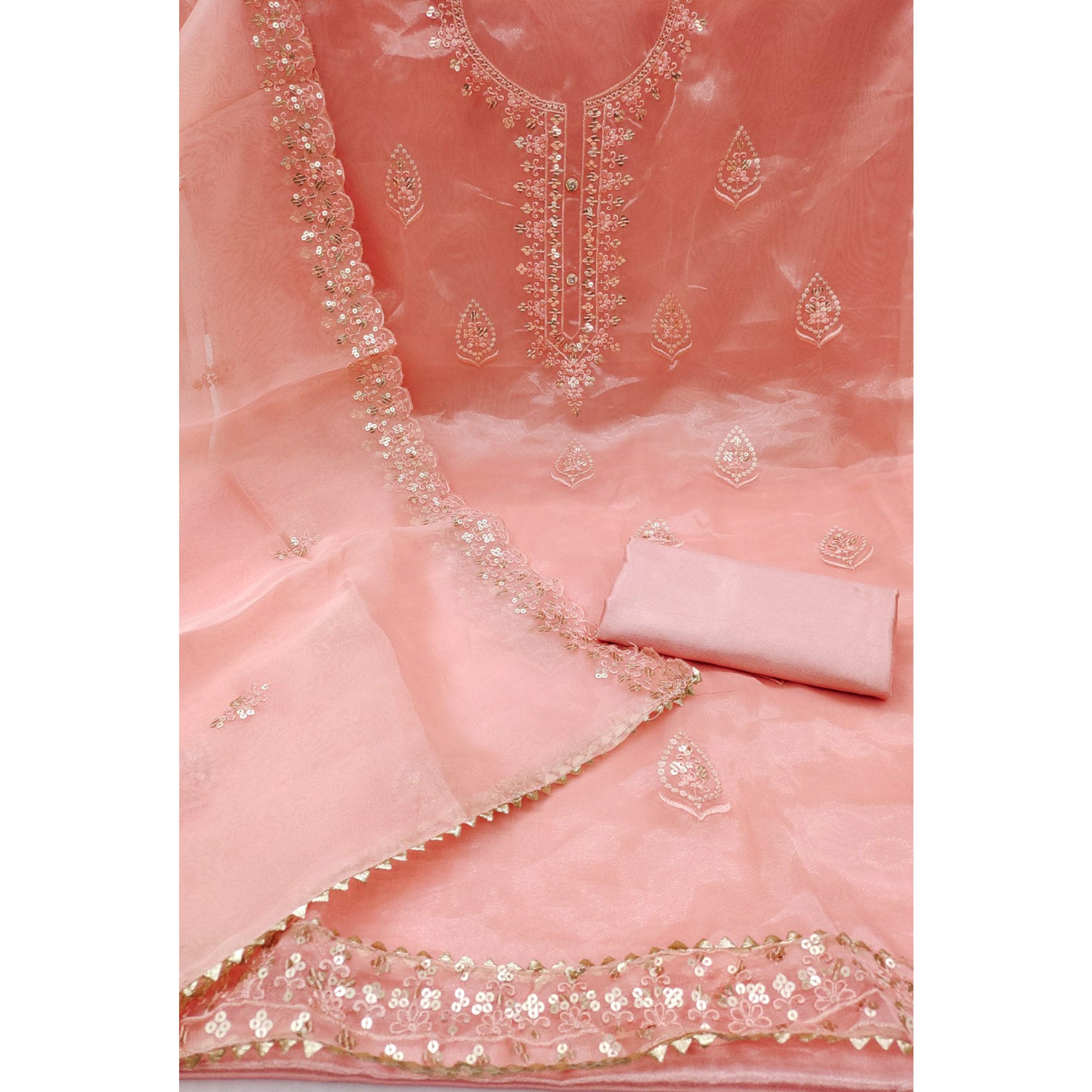 Peach Organza Silk Dress Material With Exquisite Floral Embroidery & Sequin Work