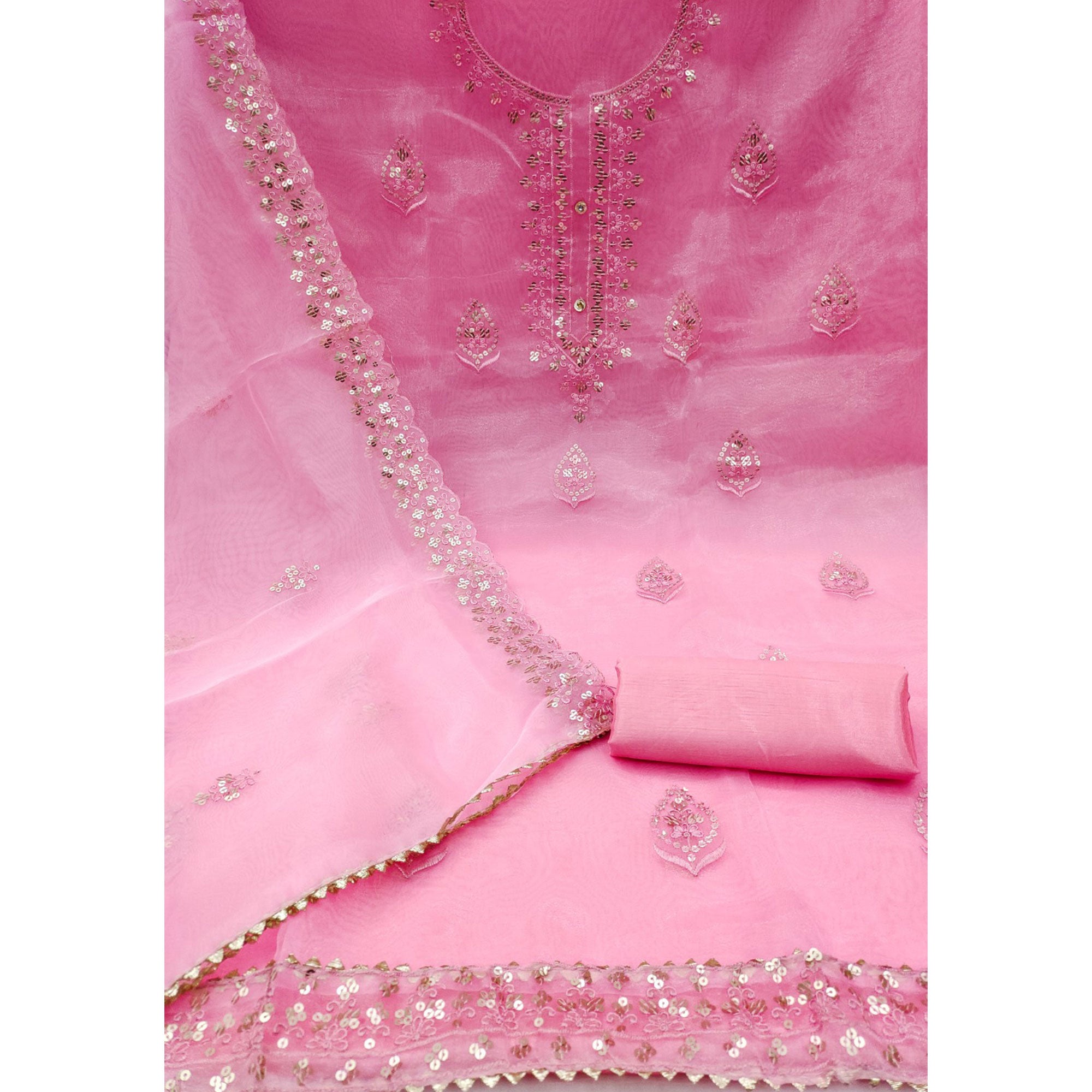 Pink Organza Silk Dress Material With Exquisite Floral Embroidery & Sequin Work