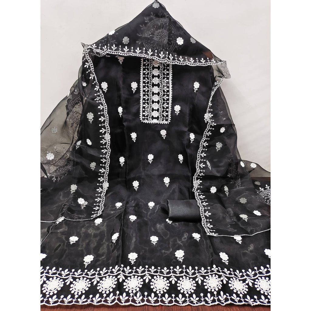 Black Organza Dress Material With Intricate Floral Thread Embroidery