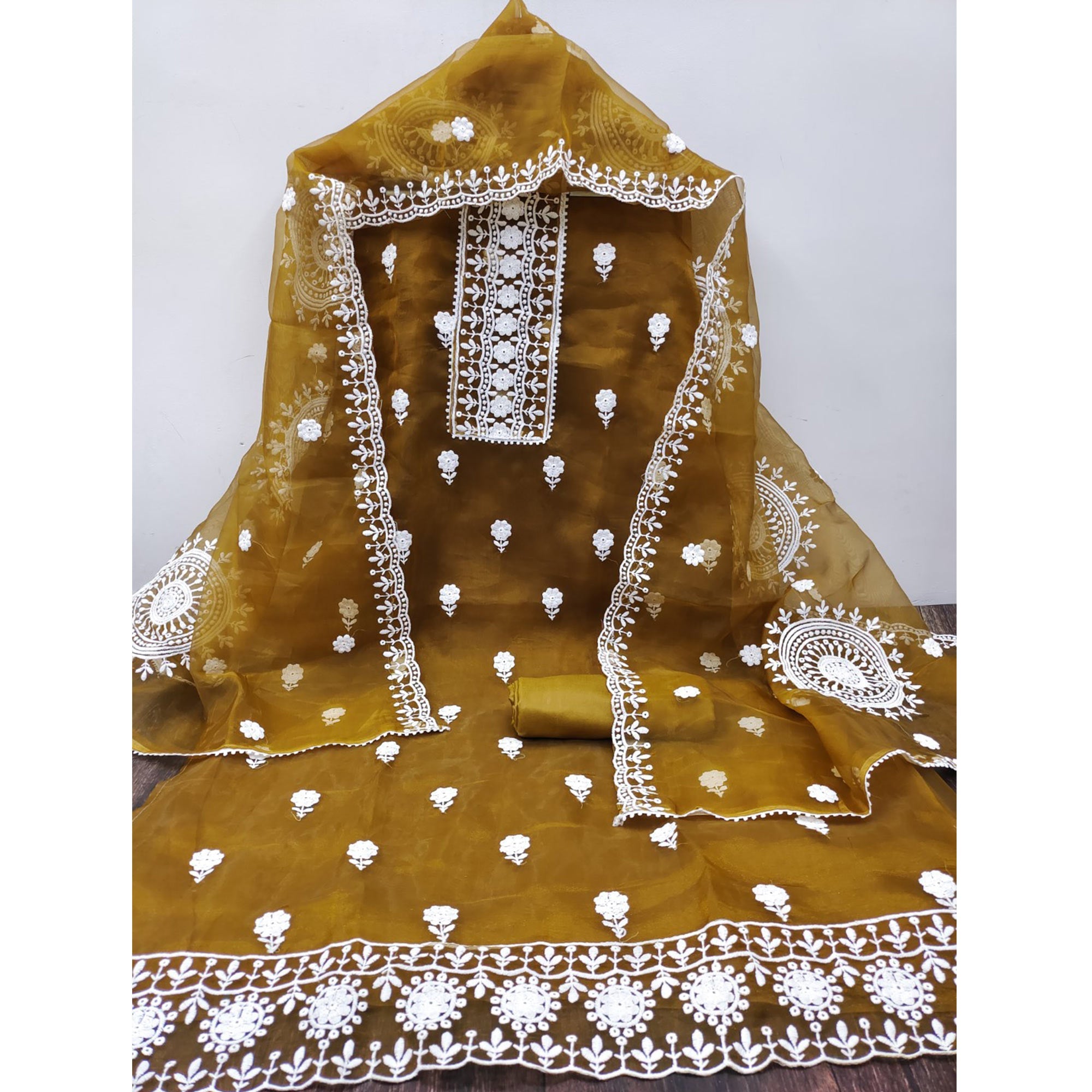Dark Mustard Organza Dress Material With Intricate Floral Thread Embroidery