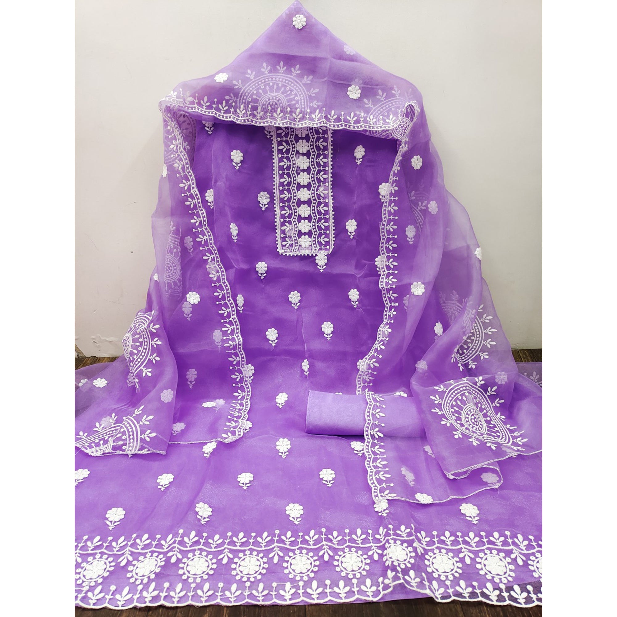 Lavender Organza Dress Material With Intricate Floral Thread Embroidery