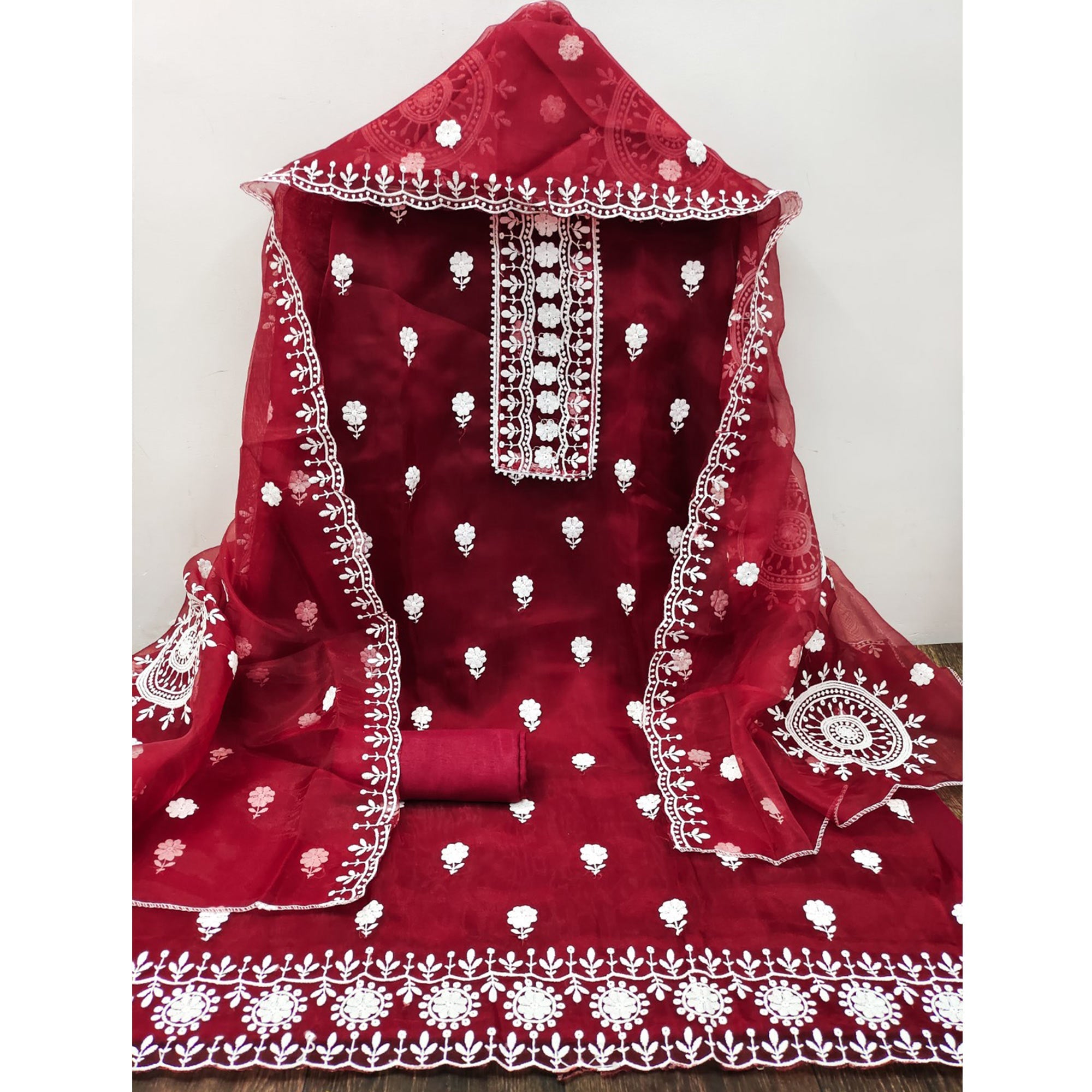 Maroon Organza Dress Material With Intricate Floral Thread Embroidery