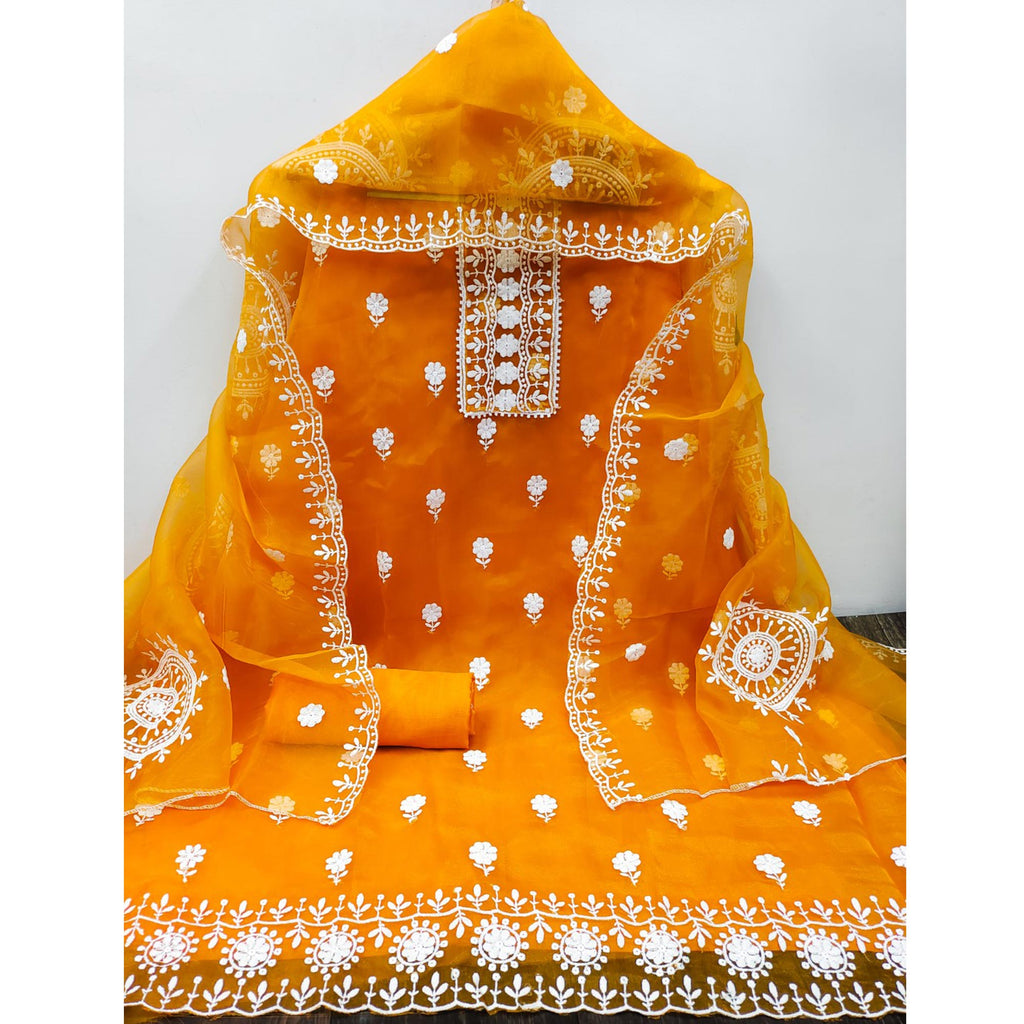 Orange Organza Dress Material With Intricate Floral Thread Embroidery