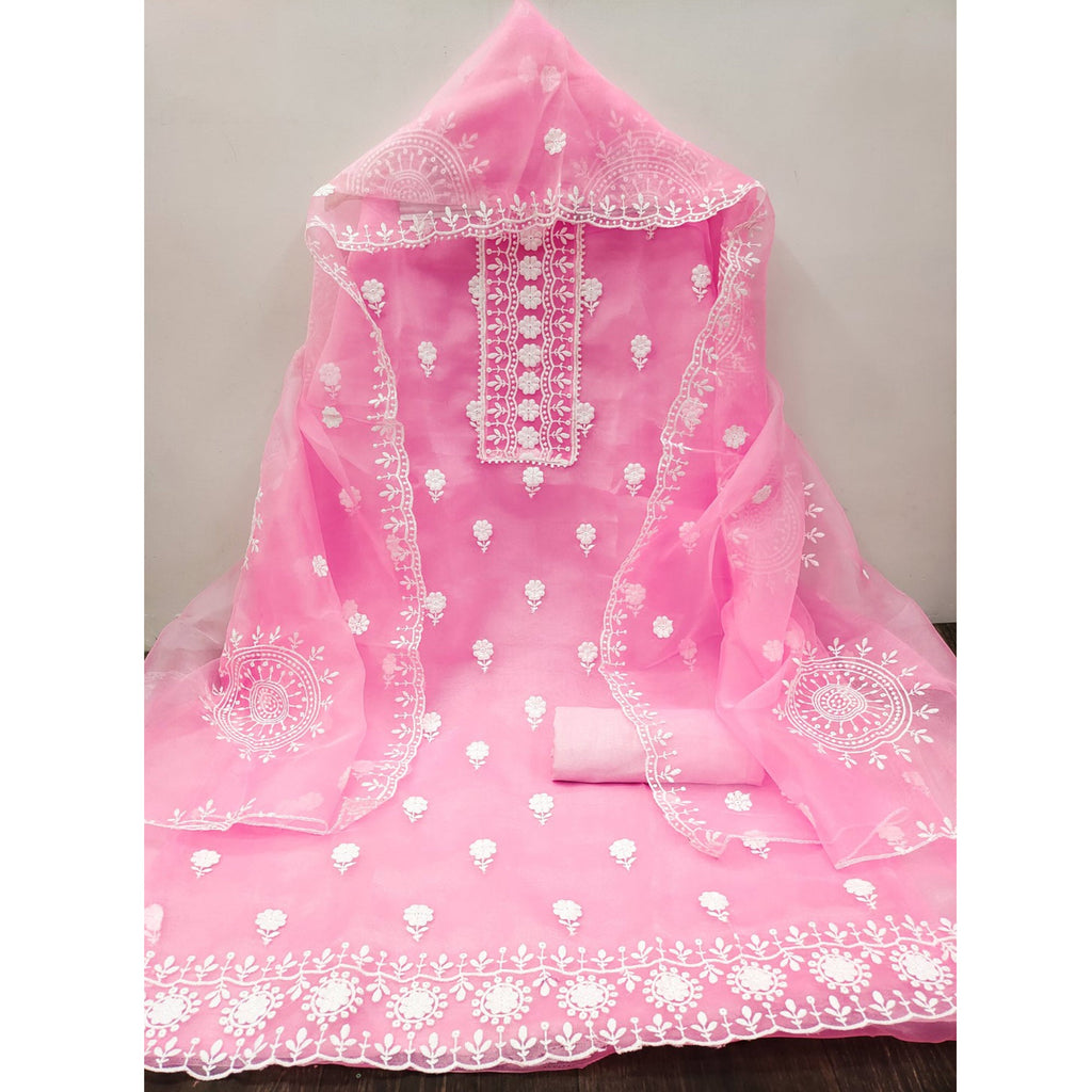 Pink Organza Dress Material With Intricate Floral Thread Embroidery