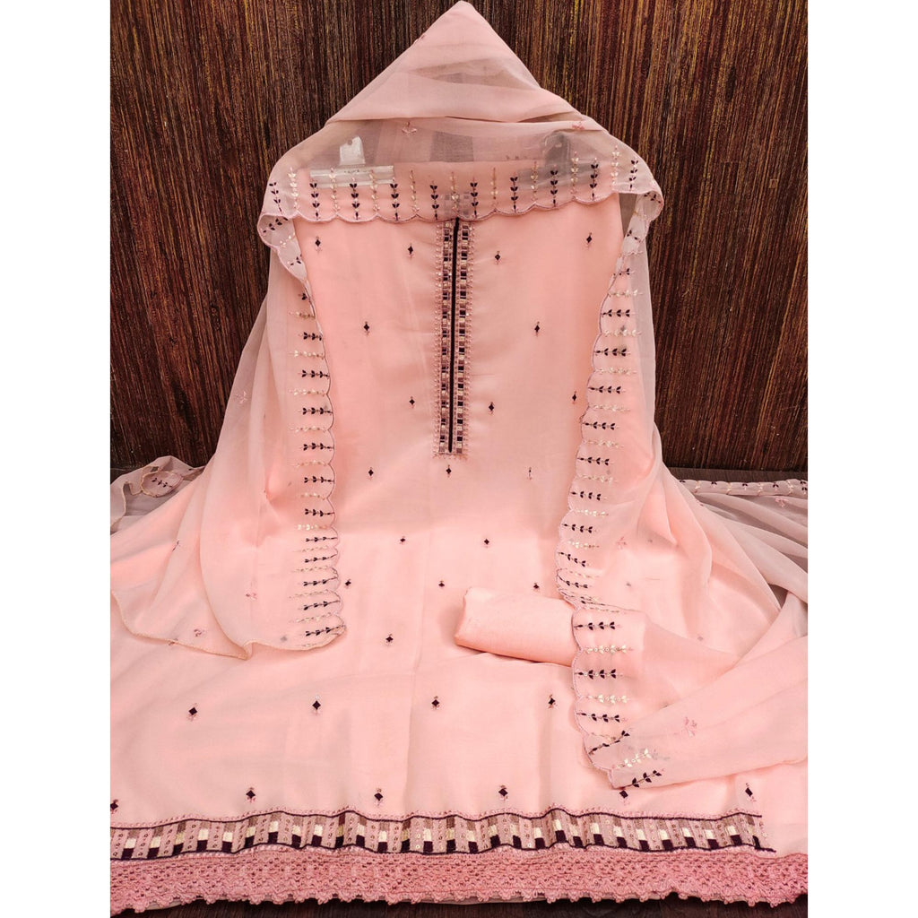 Peach Sequins & Thread Embroidered Georgette Dress Material
