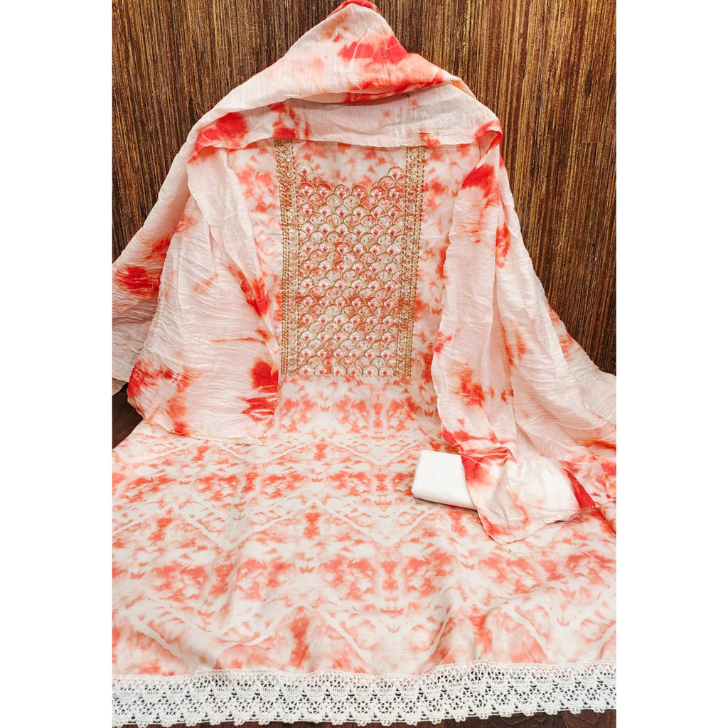 Peach Printed With Embroidery Cotton Blend Dress Material