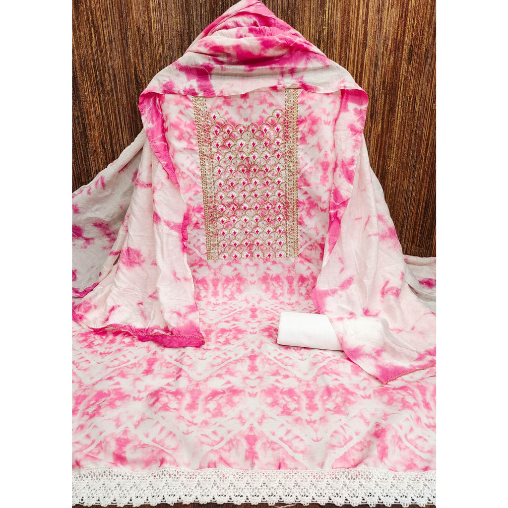 Pink Printed With Embroidery Cotton Blend Dress Material
